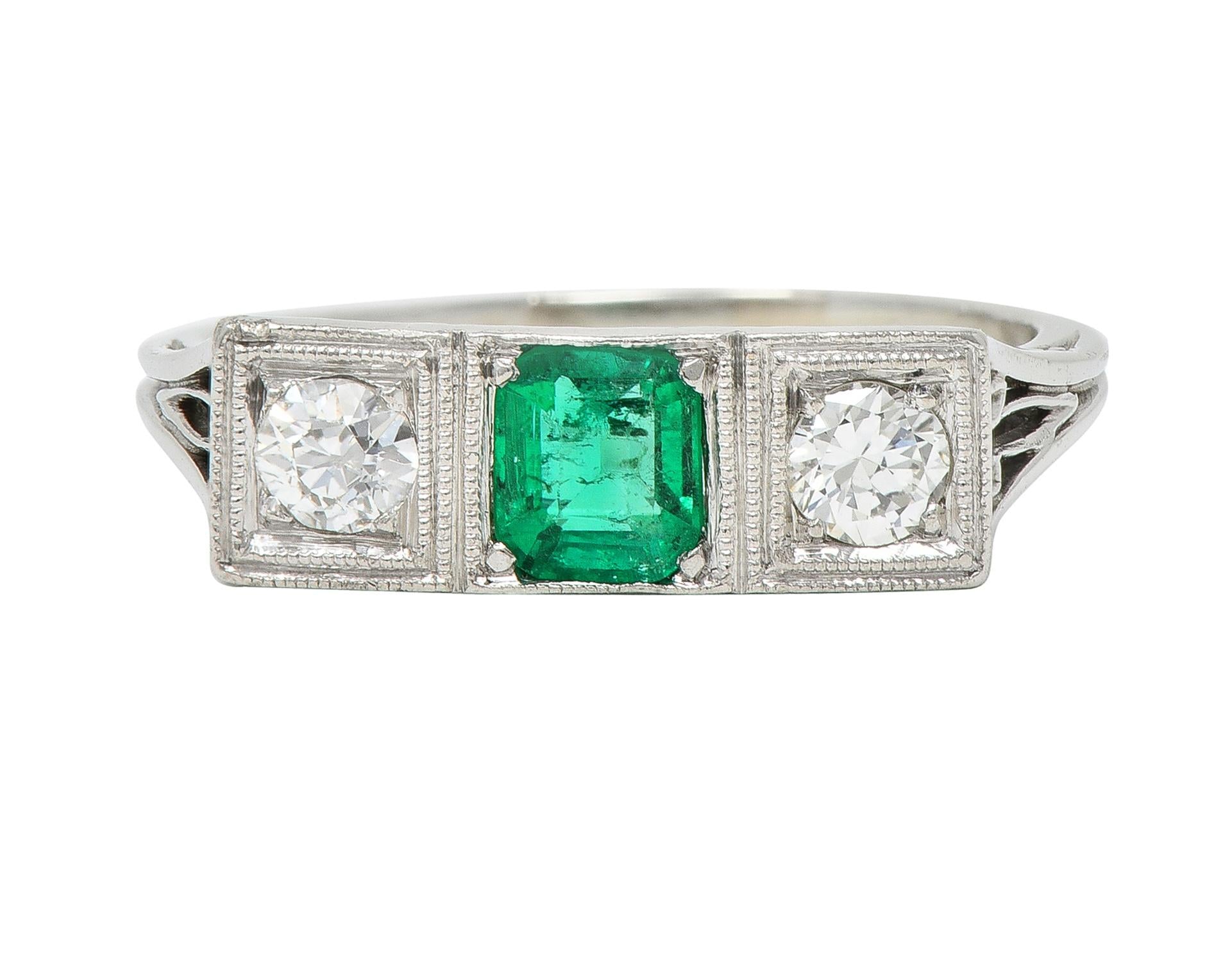 Art Deco Emerald Diamond Platinum Three Stone Vintage Geometric Ring