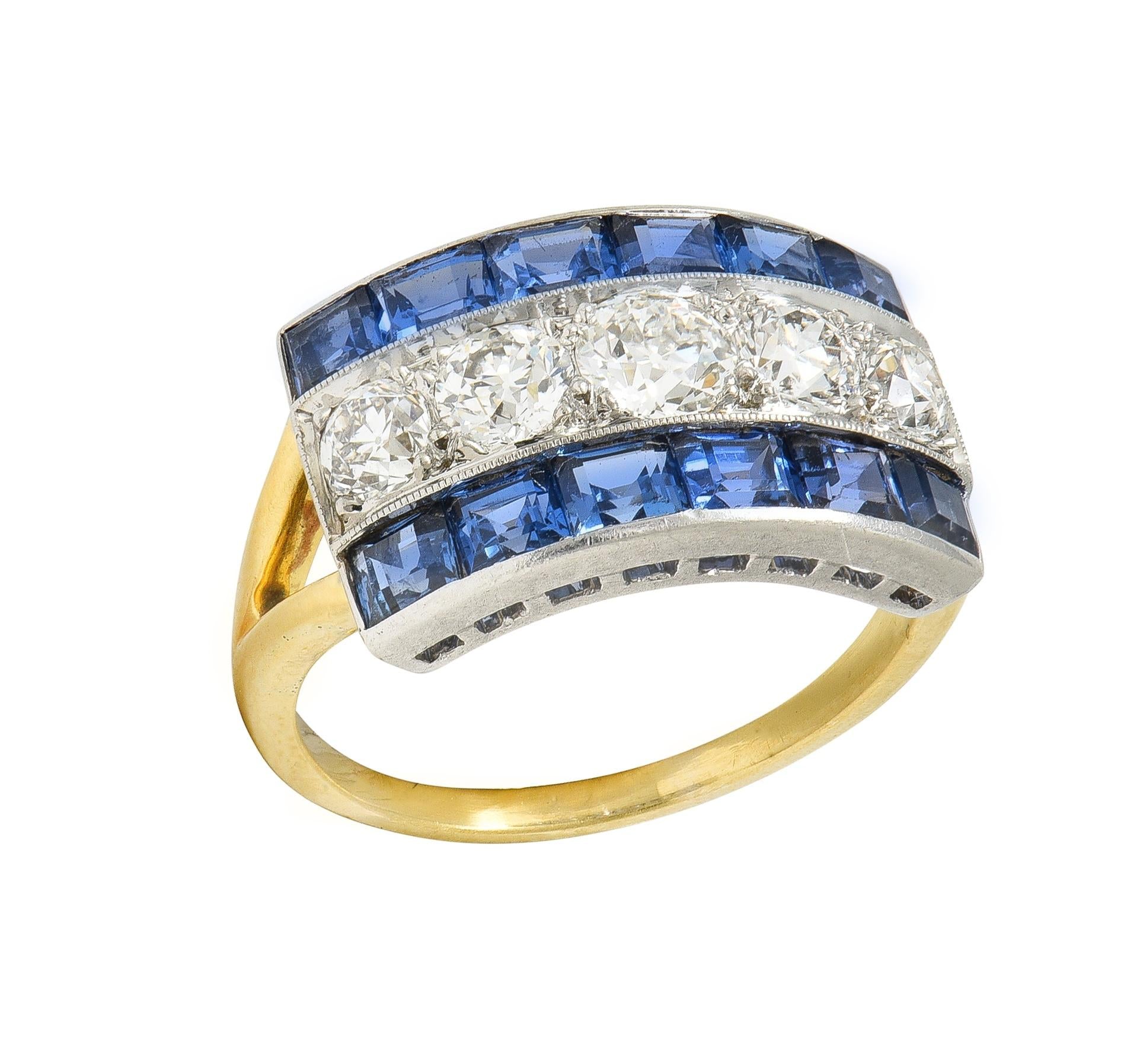 Art Deco 2.80 CTW Diamond Sapphire Platinum 18 Karat Gold Vintage Band Ring