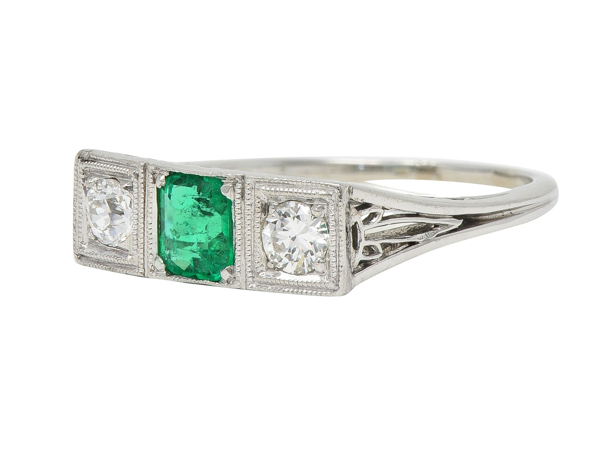 Art Deco Emerald Diamond Platinum Three Stone Vintage Geometric Ring