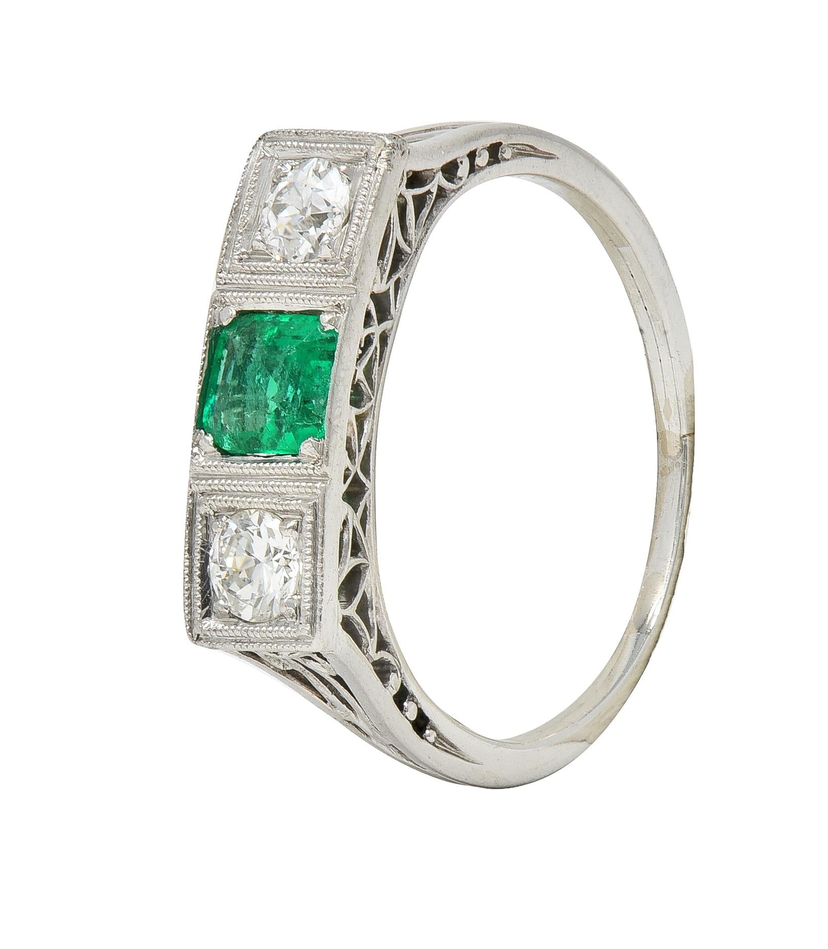 Art Deco Emerald Diamond Platinum Three Stone Vintage Geometric Ring