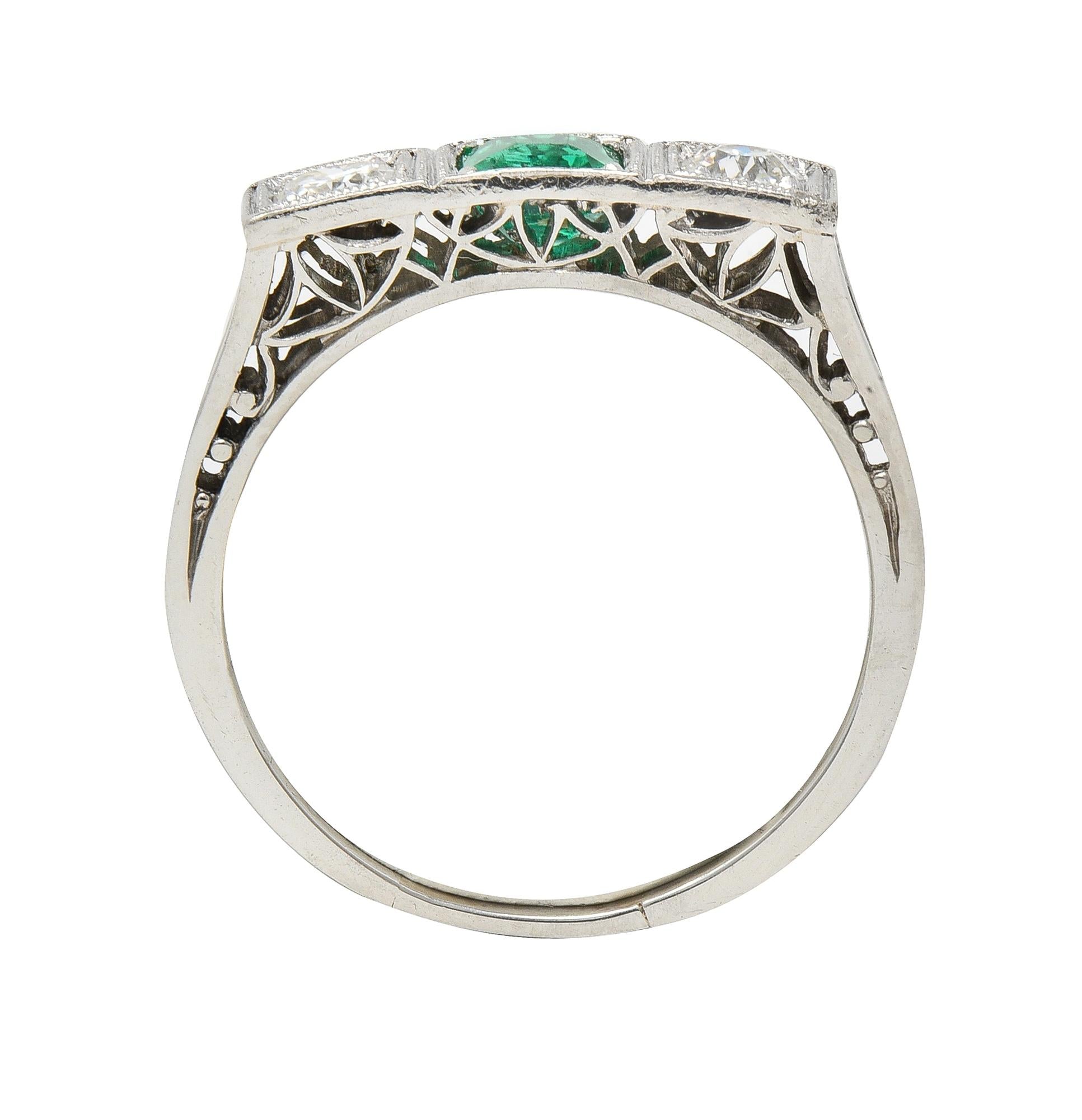 Art Deco Emerald Diamond Platinum Three Stone Vintage Geometric Ring