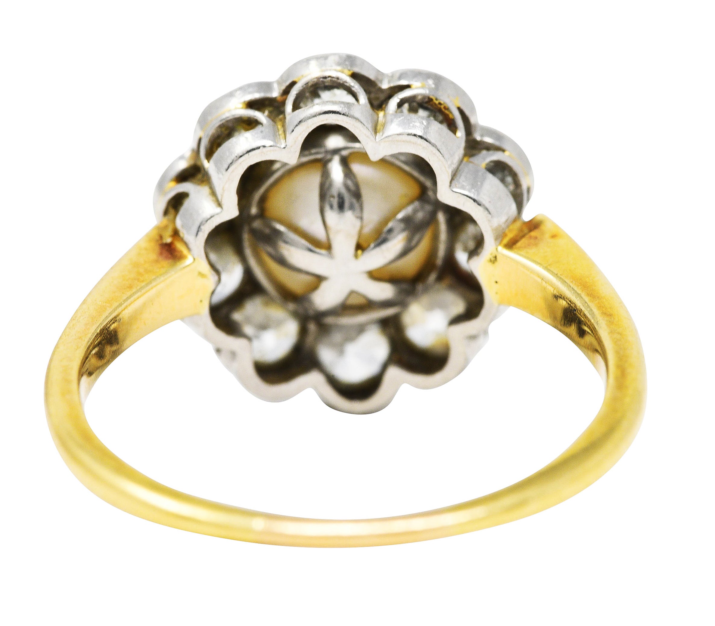 Edwardian Diamond Pearl Platinum 14 Karat Yellow Gold Cluster Antique Ring Wilson's Estate Jewelry