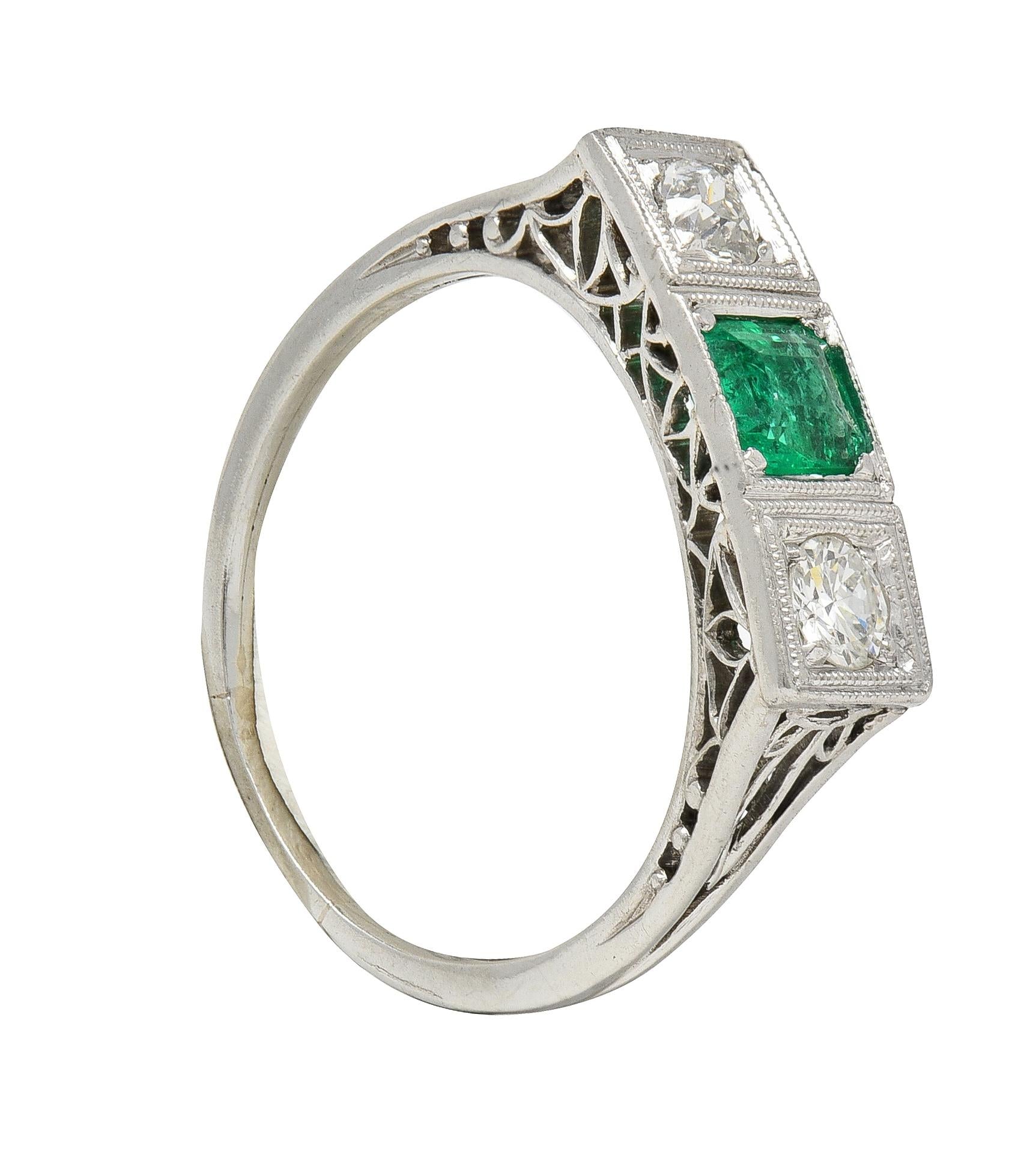 Art Deco Emerald Diamond Platinum Three Stone Vintage Geometric Ring