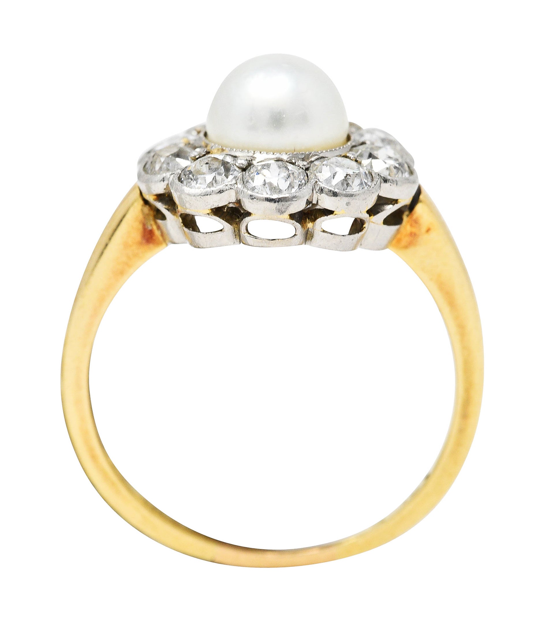 Edwardian Diamond Pearl Platinum 14 Karat Yellow Gold Cluster Antique Ring Wilson's Estate Jewelry