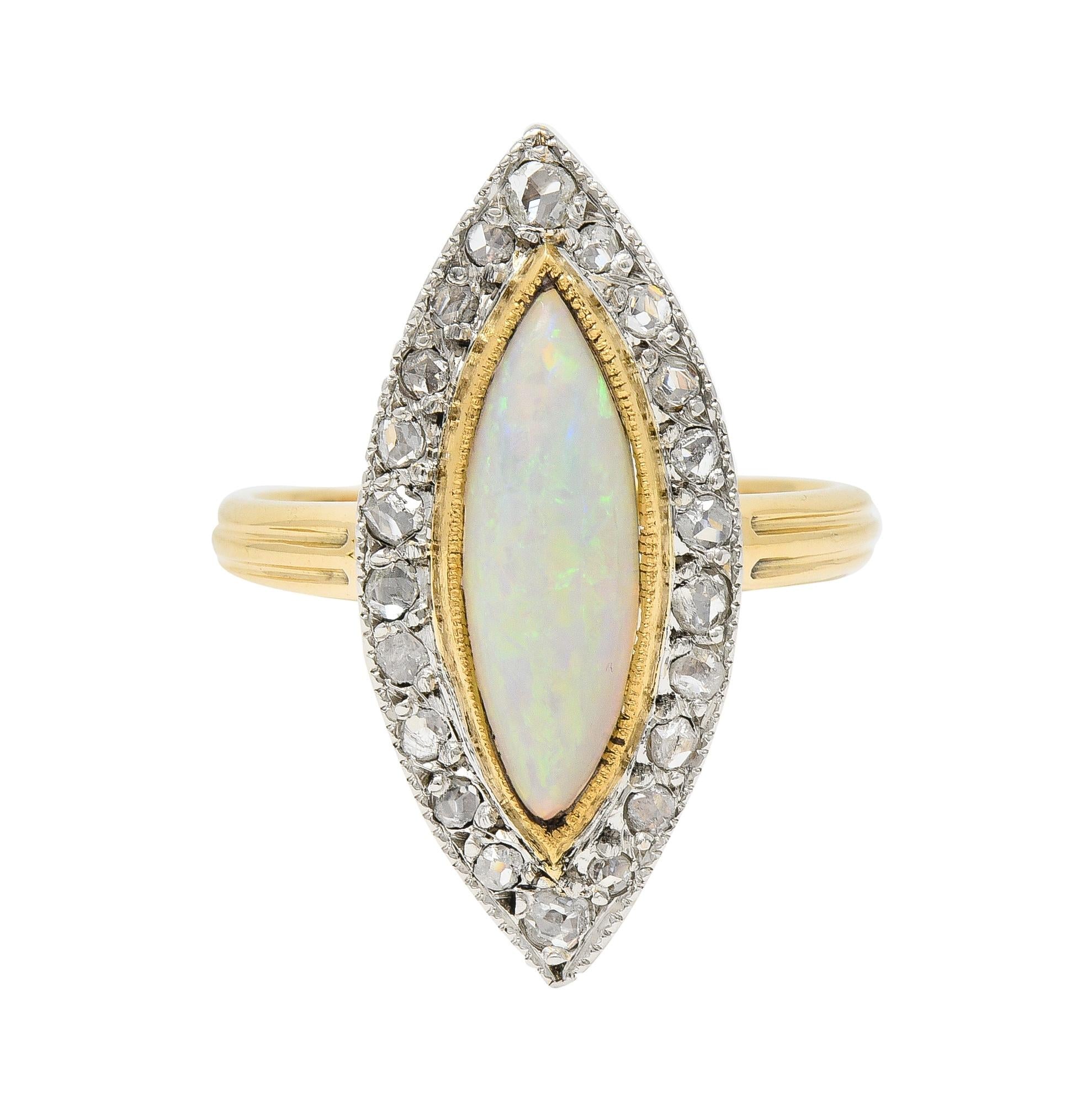 Edwardian French Opal Diamond Platinum 18 Karat Yellow Gold Navette Ring