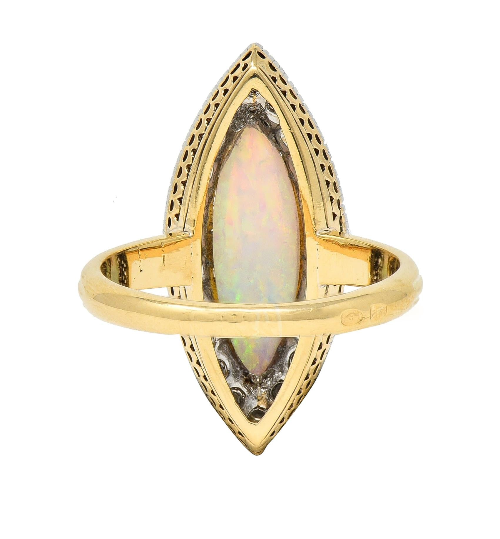 Edwardian French Opal Diamond Platinum 18 Karat Yellow Gold Navette Ring