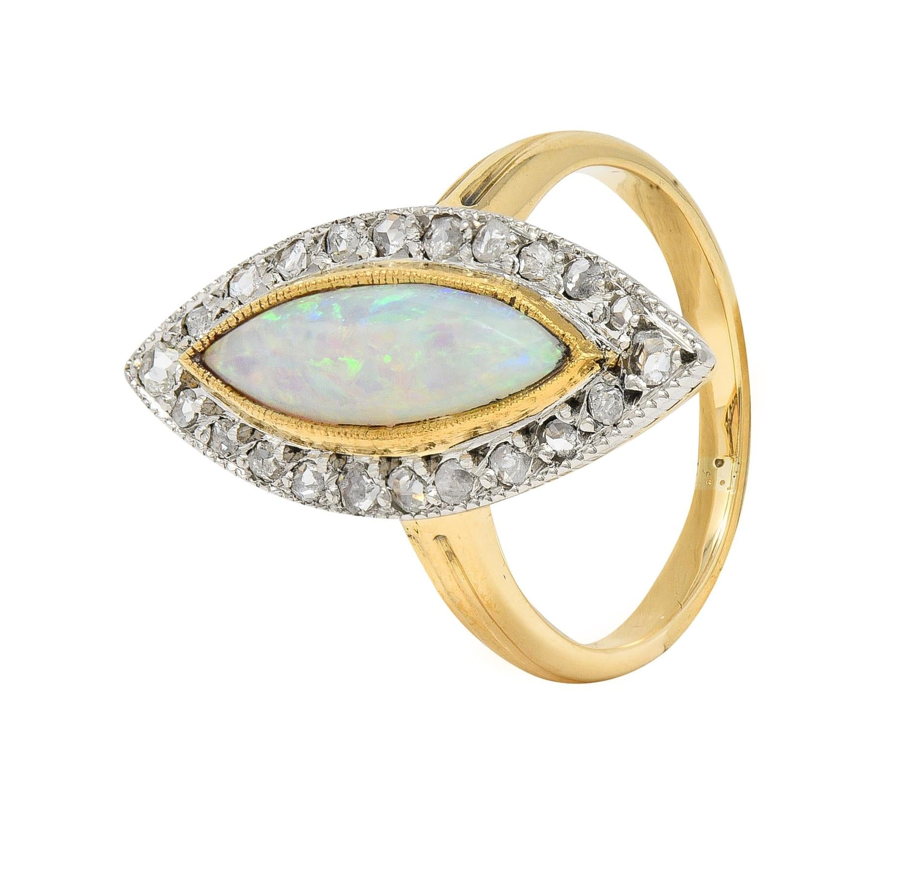 Edwardian French Opal Diamond Platinum 18 Karat Yellow Gold Navette Ring