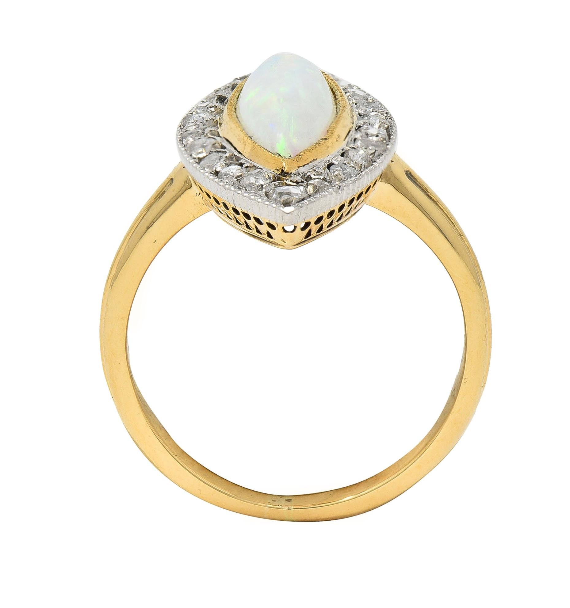 Edwardian French Opal Diamond Platinum 18 Karat Yellow Gold Navette Ring