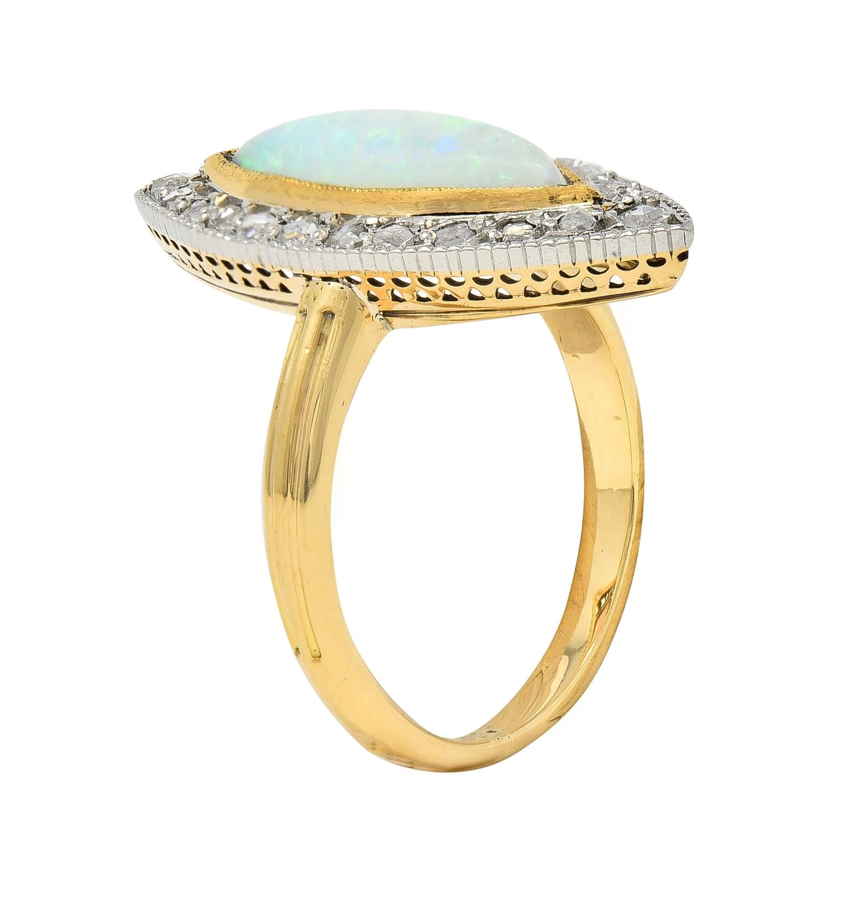 Edwardian French Opal Diamond Platinum 18 Karat Yellow Gold Navette Ring