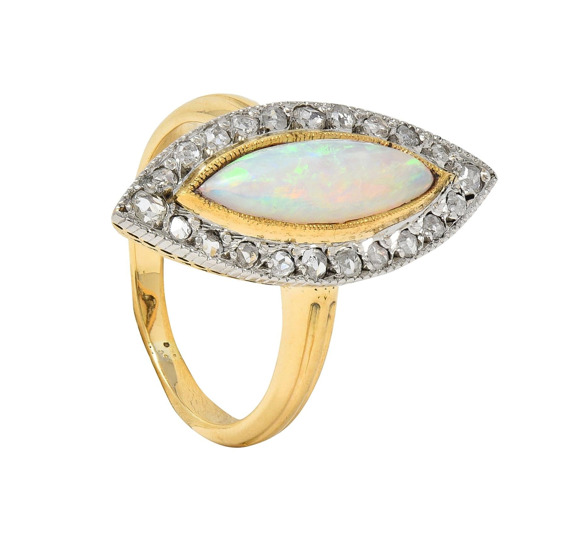 Edwardian French Opal Diamond Platinum 18 Karat Yellow Gold Navette Ring