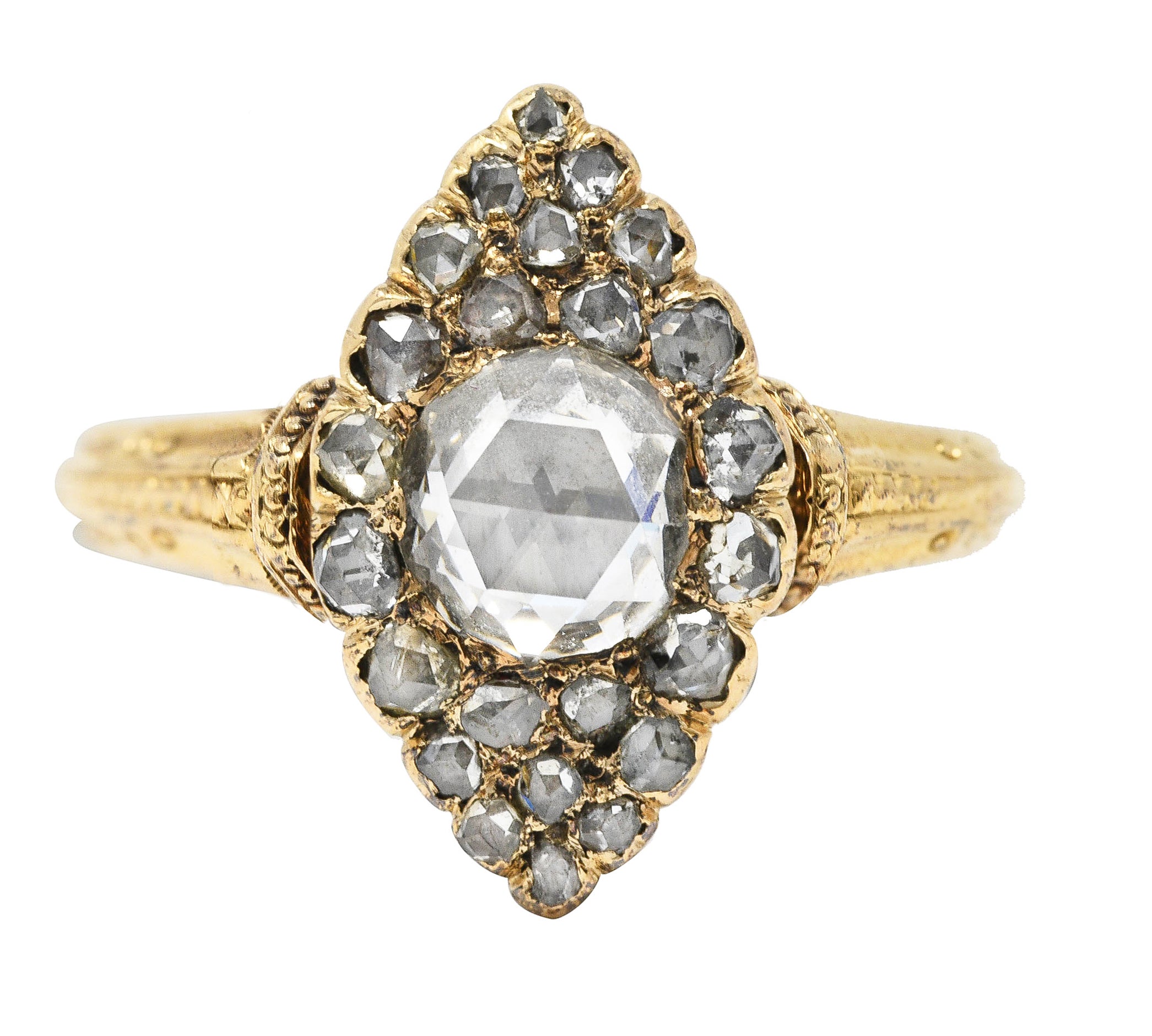 Early Victorian Rose Cut Diamond 18 Karat Yellow Gold Antique Navette Alternative Cluster Ring Wilson's Estate Jewelry