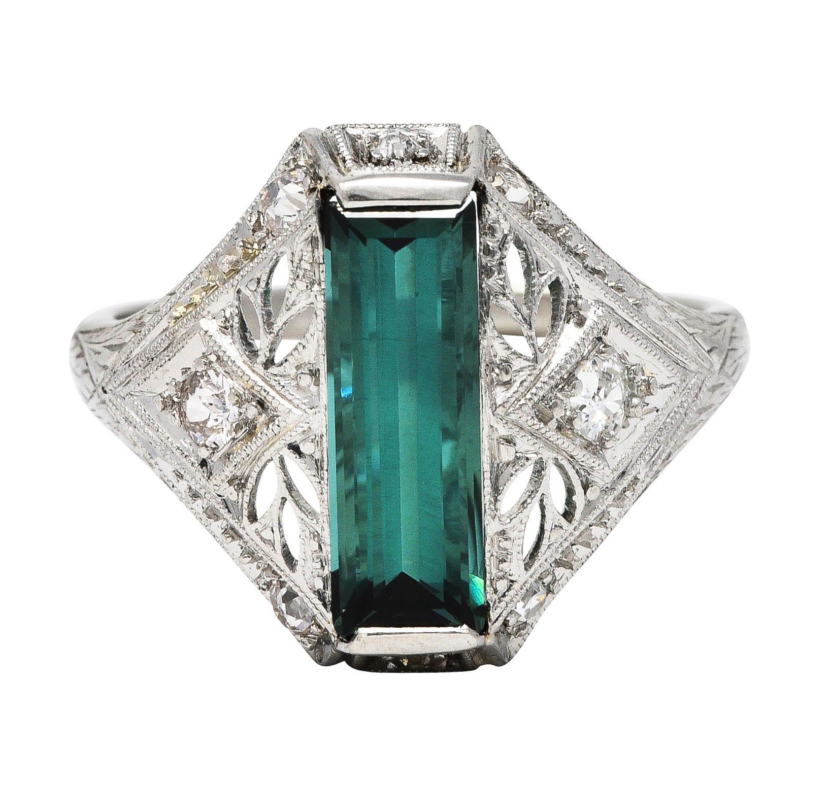 Art Deco Green Tourmaline Diamond Platinum Dinner RingRing - Wilson's Estate Jewelry