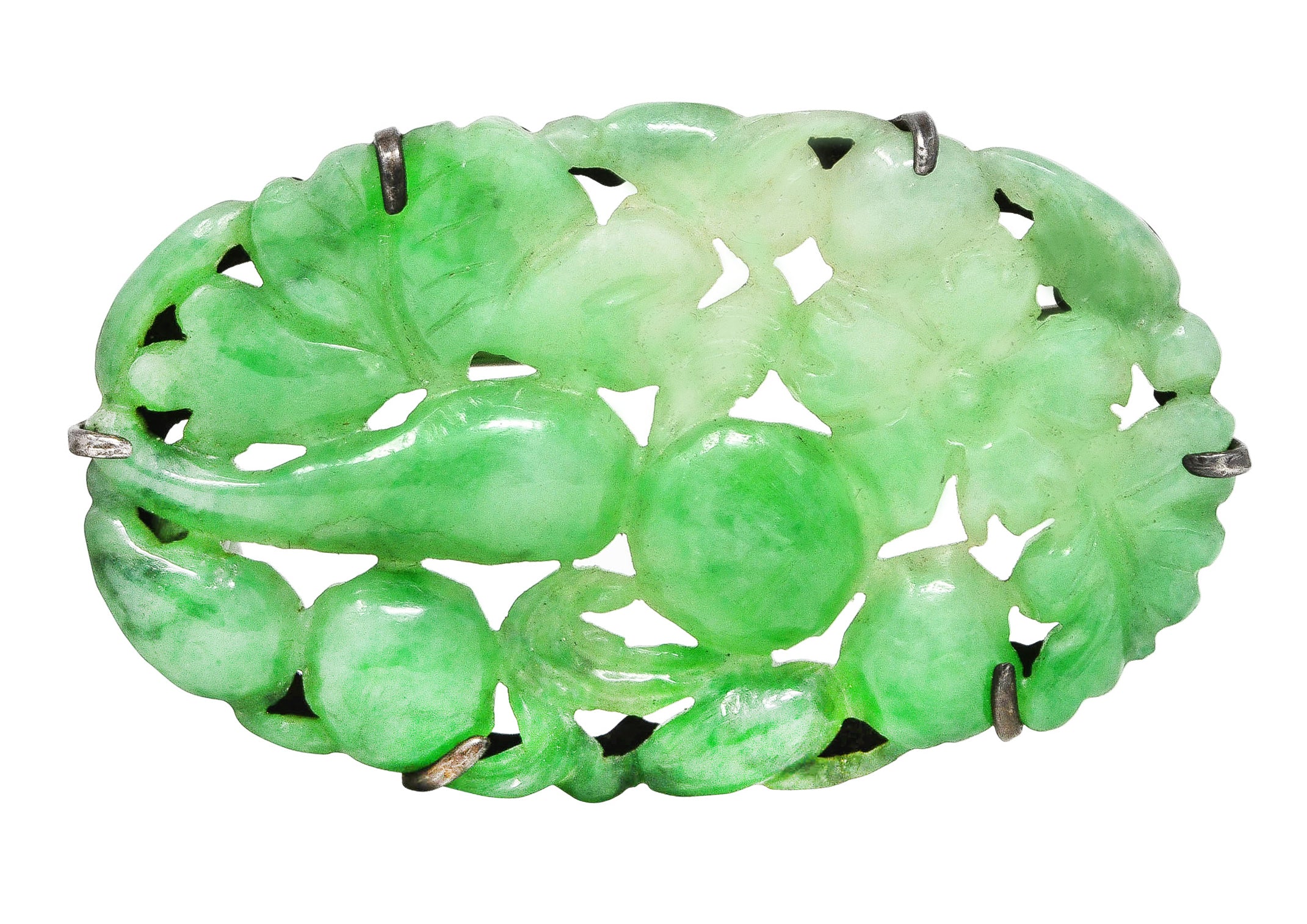 1920's Art Deco Carved Jadeite Jade Sterling Silver Floral Fruit Brooch GIA Wilson's Estate Jewelry