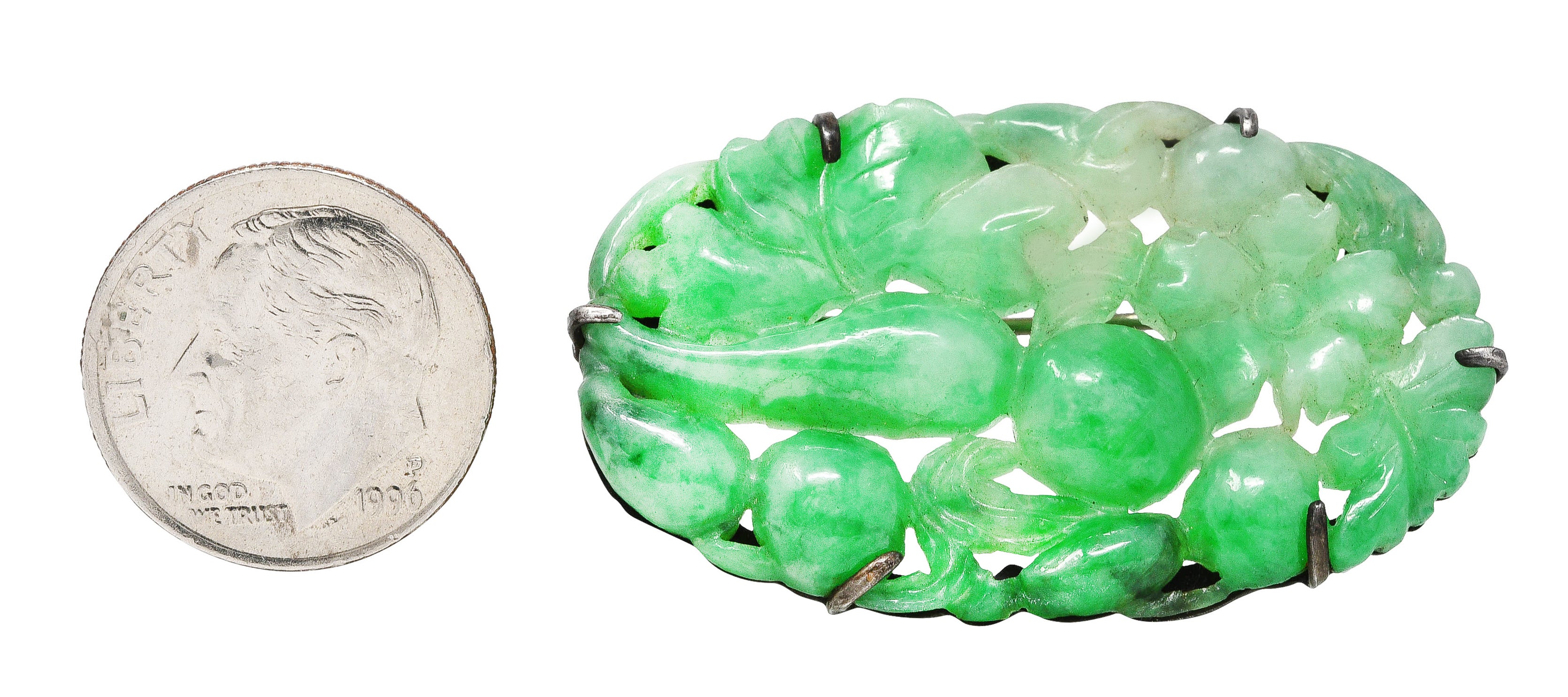 1920's Art Deco Carved Jadeite Jade Sterling Silver Floral Fruit Brooch GIA Wilson's Estate Jewelry