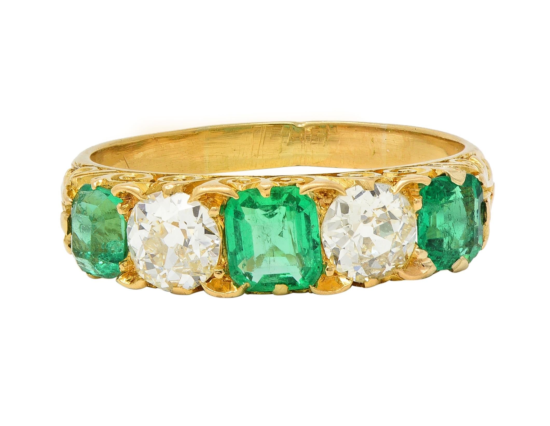 Victorian Emerald Diamond 18 Karat Yellow Gold Antique Five Stone Band Ring