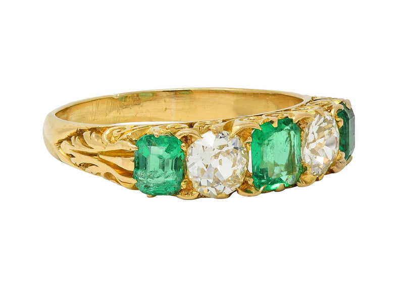 Victorian Emerald Diamond 18 Karat Yellow Gold Antique Five Stone Band Ring