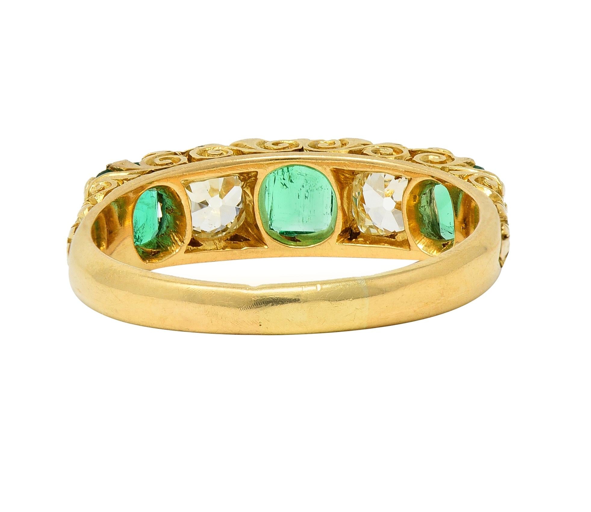 Victorian Emerald Diamond 18 Karat Yellow Gold Antique Five Stone Band Ring