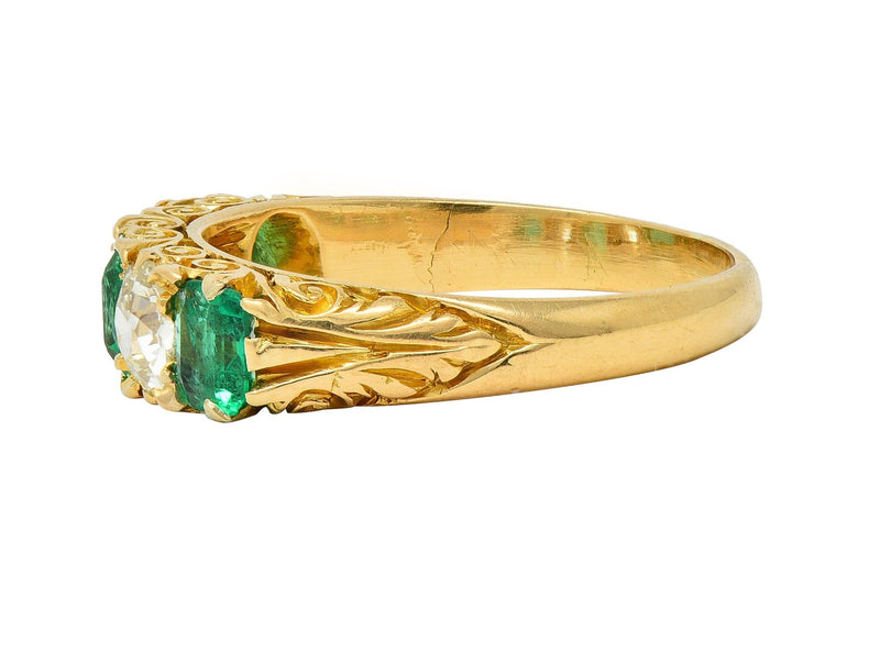 Victorian Emerald Diamond 18 Karat Yellow Gold Antique Five Stone Band Ring