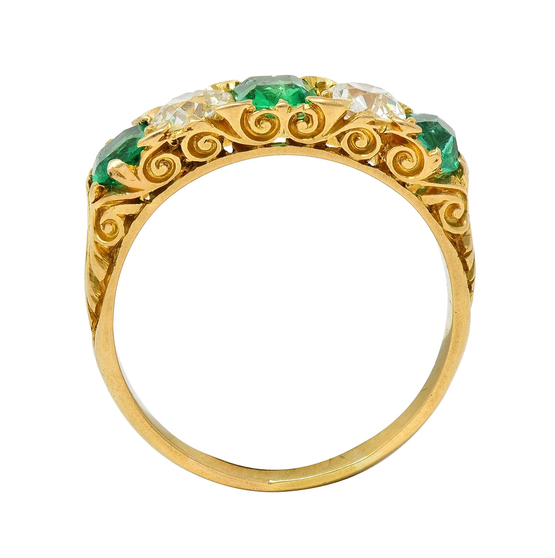 Victorian Emerald Diamond 18 Karat Yellow Gold Antique Five Stone Band Ring