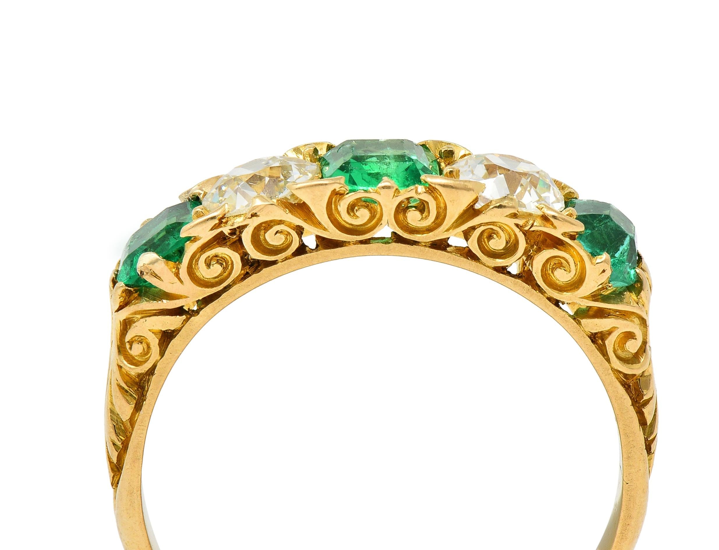 Victorian Emerald Diamond 18 Karat Yellow Gold Antique Five Stone Band Ring