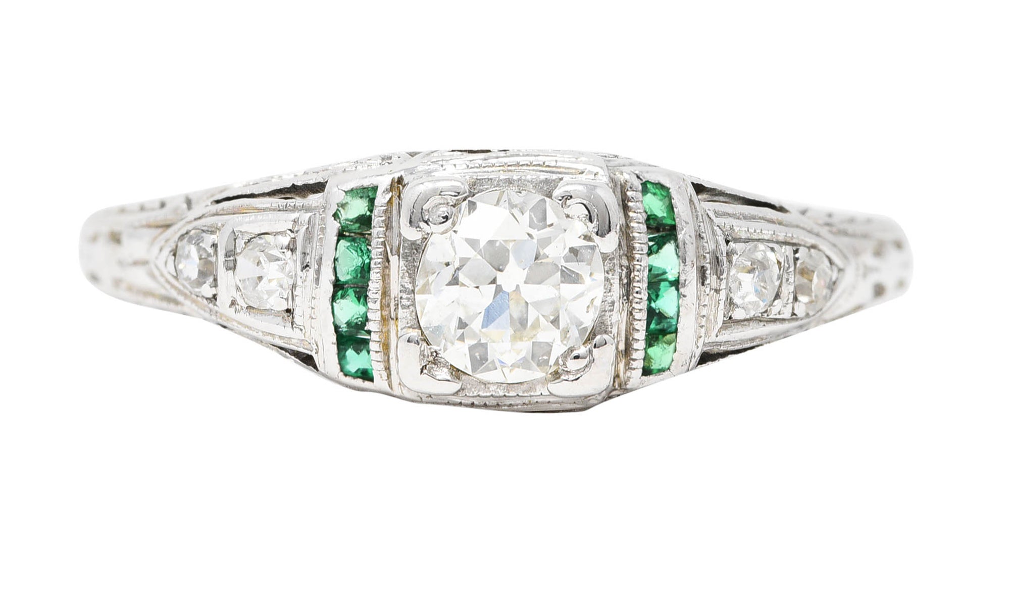 Art Deco Old European Cut Diamond Emerald 18 Karat White Gold Foliate Engagement Ring Wilson's Estate Jewelry