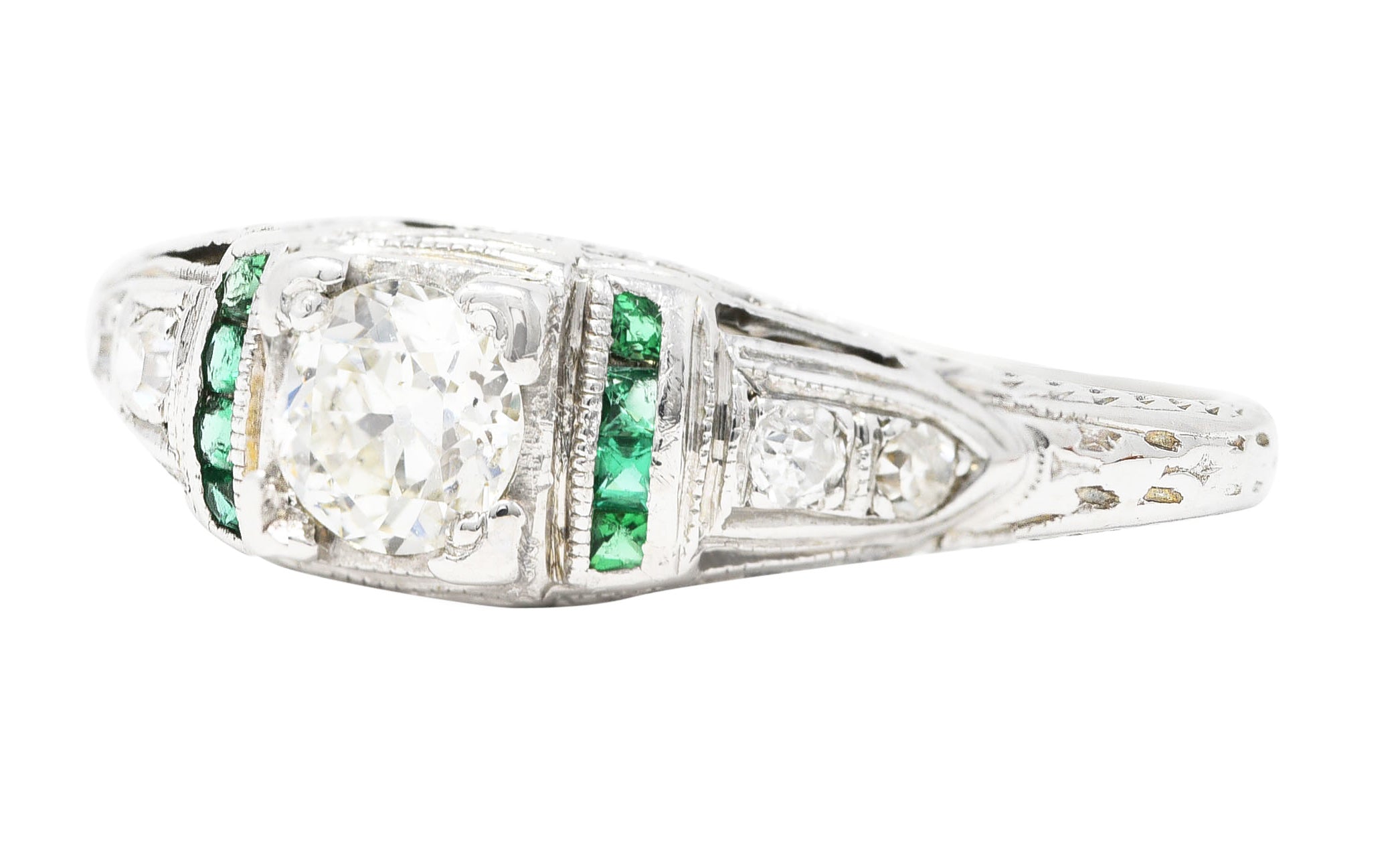 Art Deco Old European Cut Diamond Emerald 18 Karat White Gold Foliate Engagement Ring Wilson's Estate Jewelry