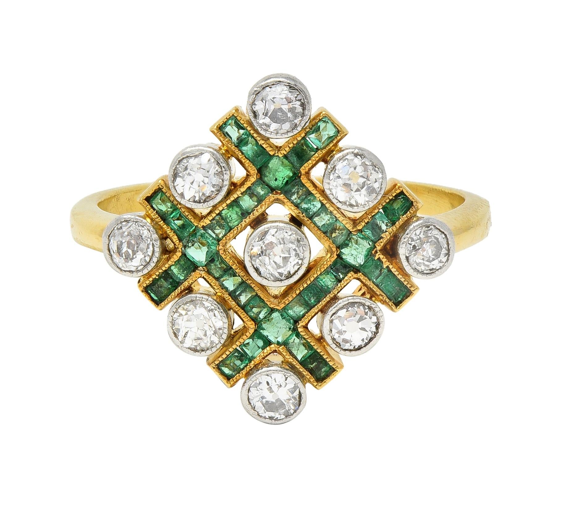 Edwardian 1.59 CTW Diamond Emerald Platinum 18 Karat Gold Checkerboard Ring