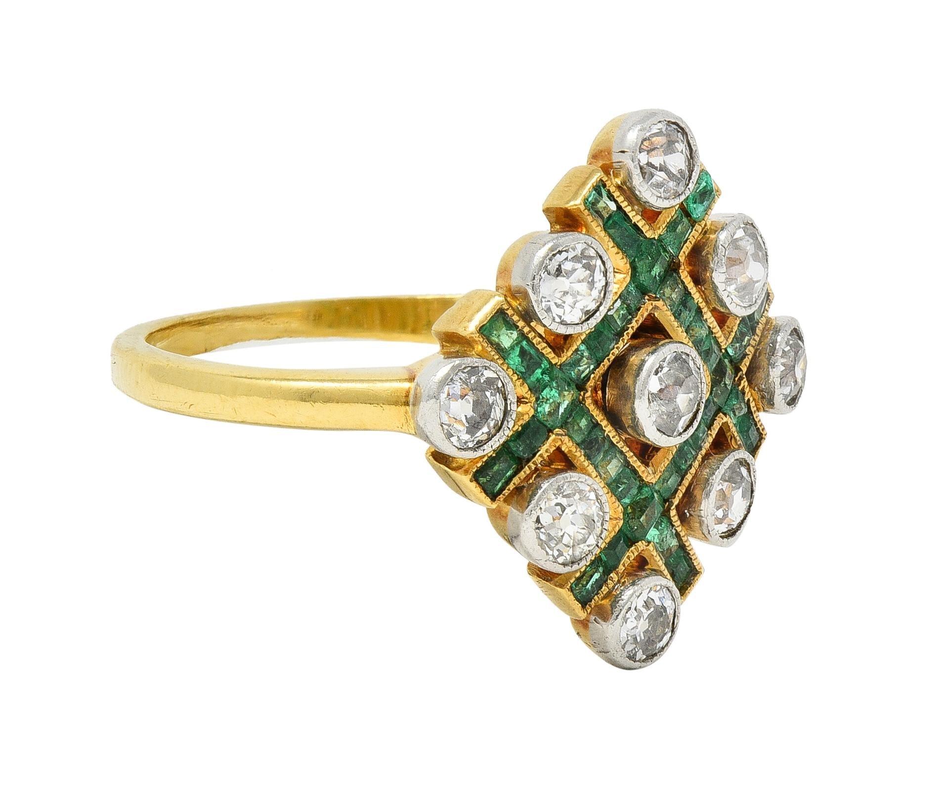 Edwardian 1.59 CTW Diamond Emerald Platinum 18 Karat Gold Checkerboard Ring