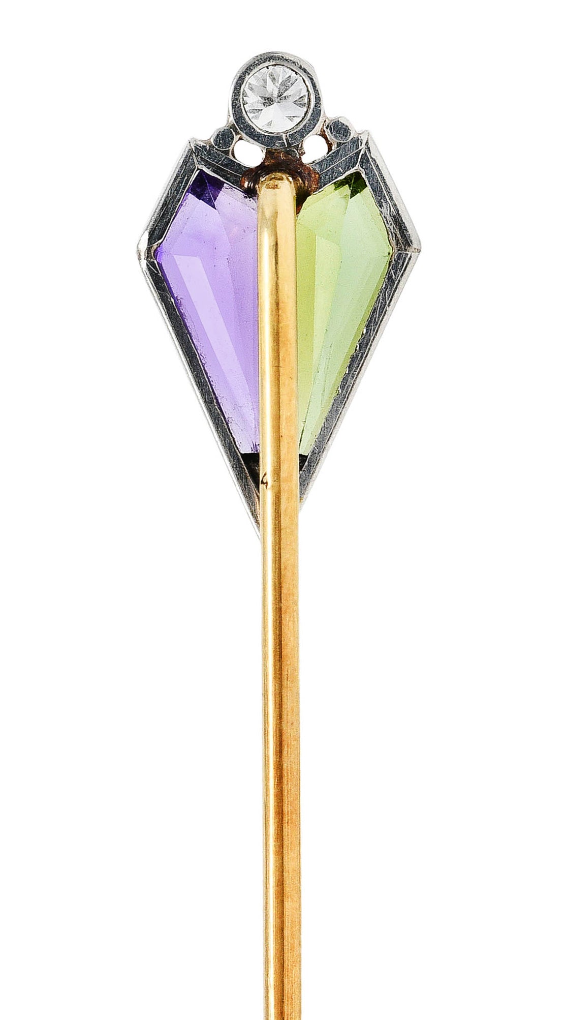 .11111 Carter Gough & Co. Diamond Amethyst Green Tourmaline Platinum 14 Karat Gold StickpinStick Pin - Wilson's Estate Jewelry