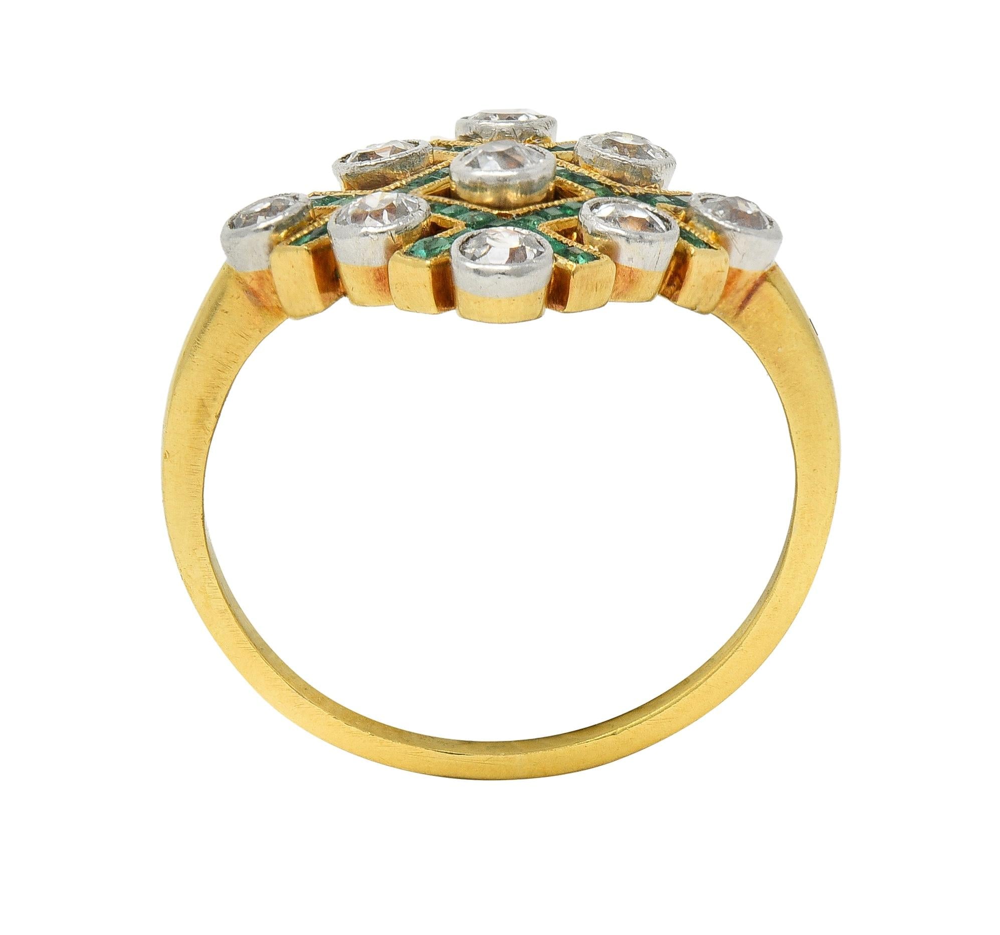 Edwardian 1.59 CTW Diamond Emerald Platinum 18 Karat Gold Checkerboard Ring