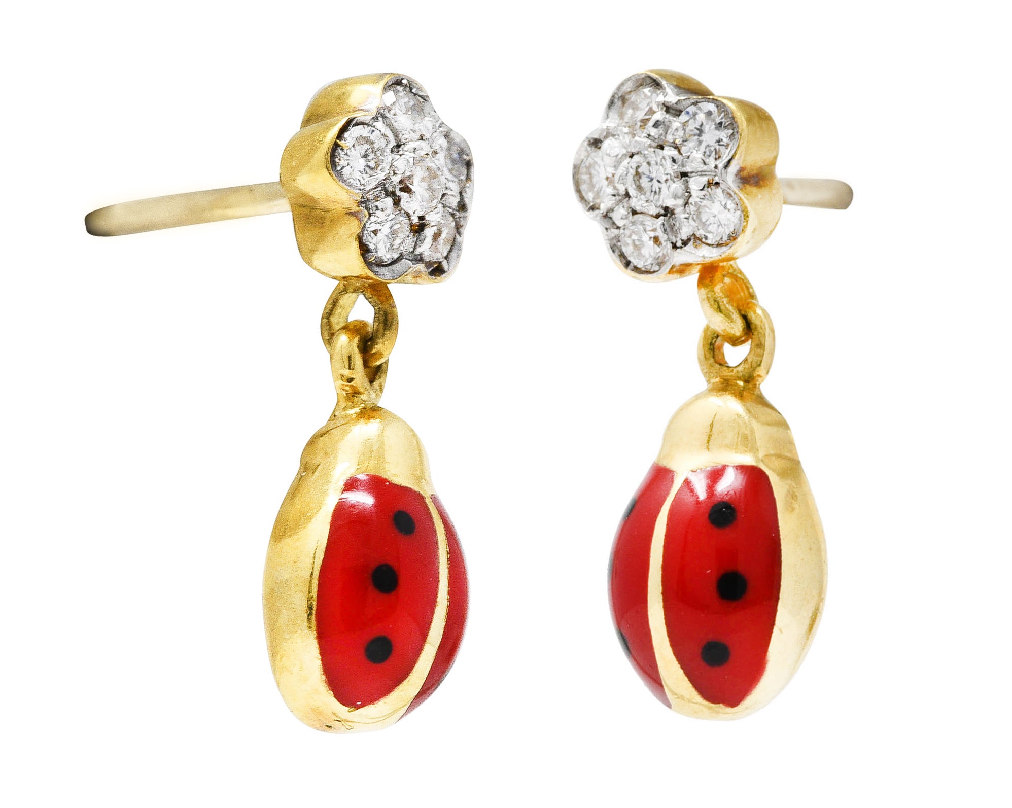 Aaron Basha Contemporary Diamond Enamel Two-Tone 18 Karat Gold Ladybug Flower Earrings Wilson's Estate Jewelry