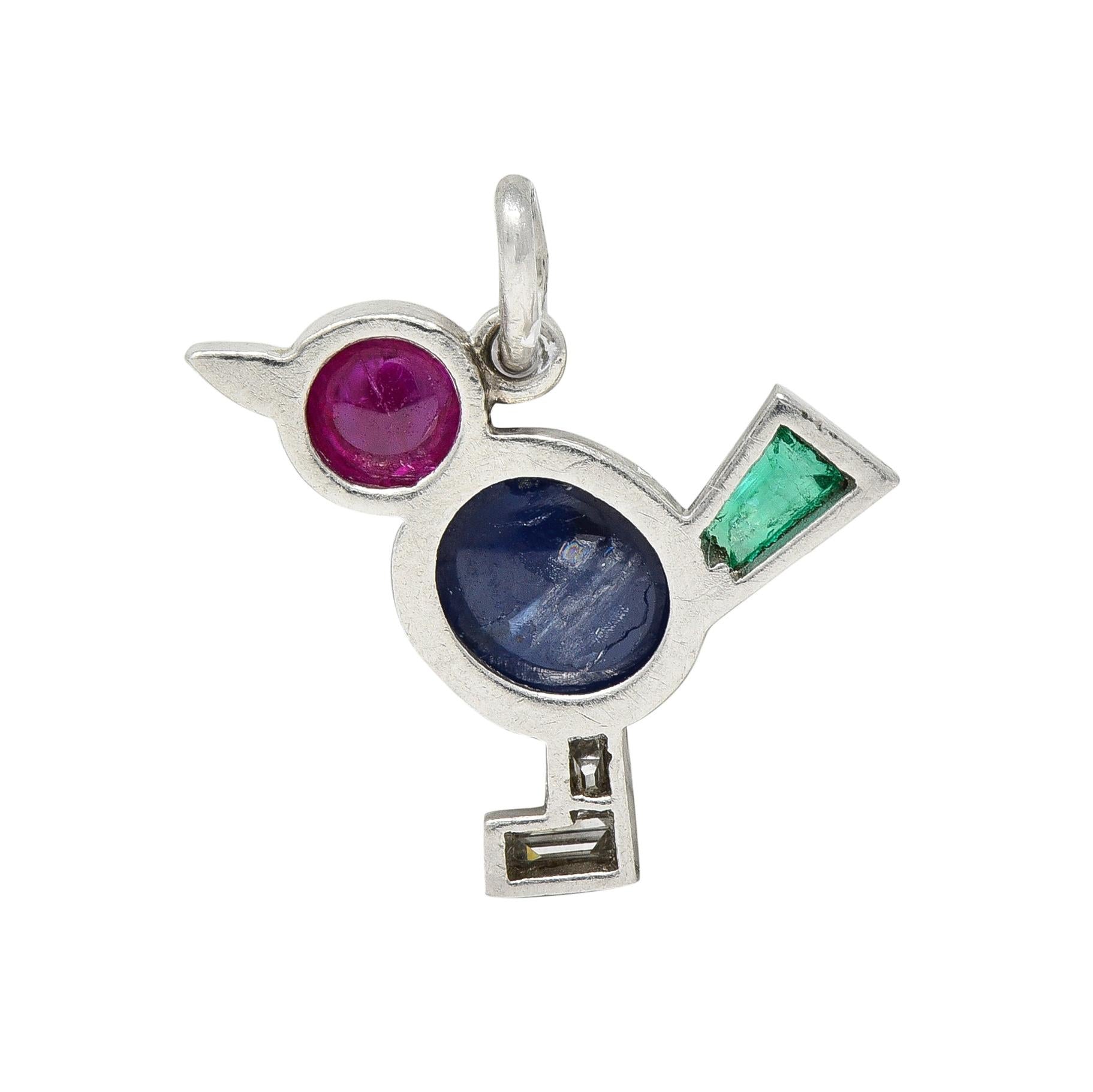 Art Deco 1.31 CTW Diamond Ruby Sapphire Emerald Platinum Vintage Bird Charm