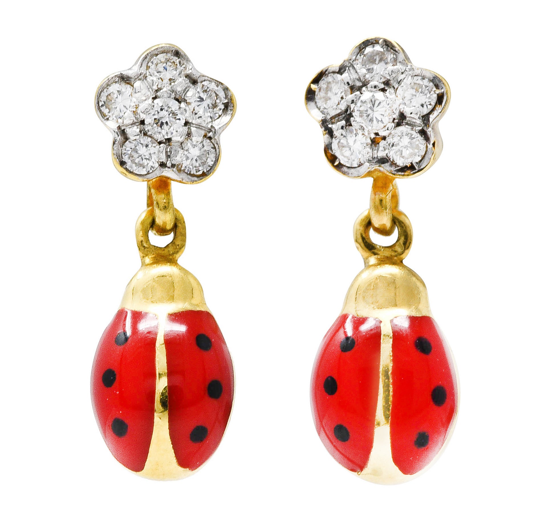 Aaron Basha Contemporary Diamond Enamel Two-Tone 18 Karat Gold Ladybug Flower Earrings Wilson's Estate Jewelry