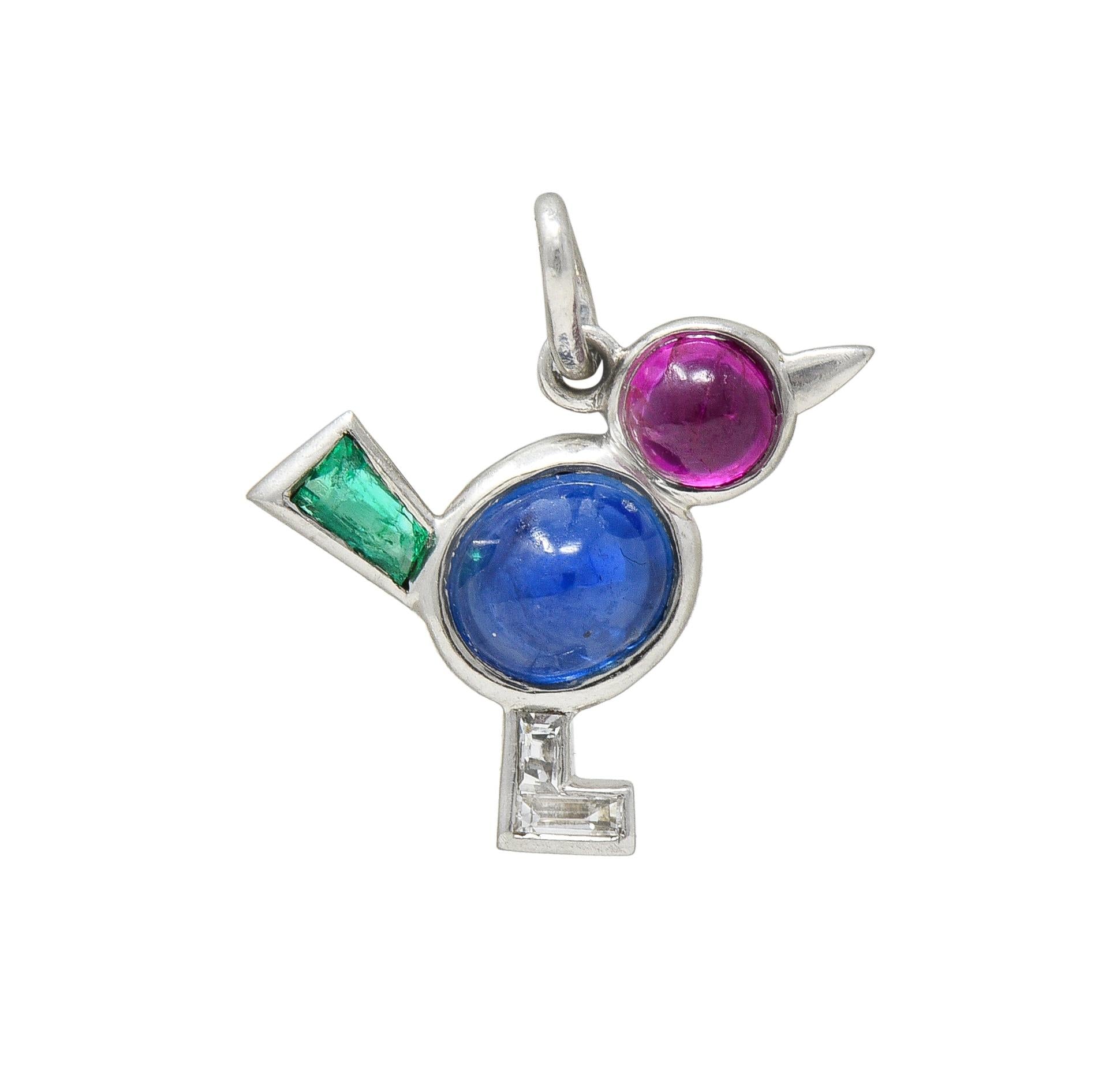 Art Deco 1.31 CTW Diamond Ruby Sapphire Emerald Platinum Vintage Bird Charm