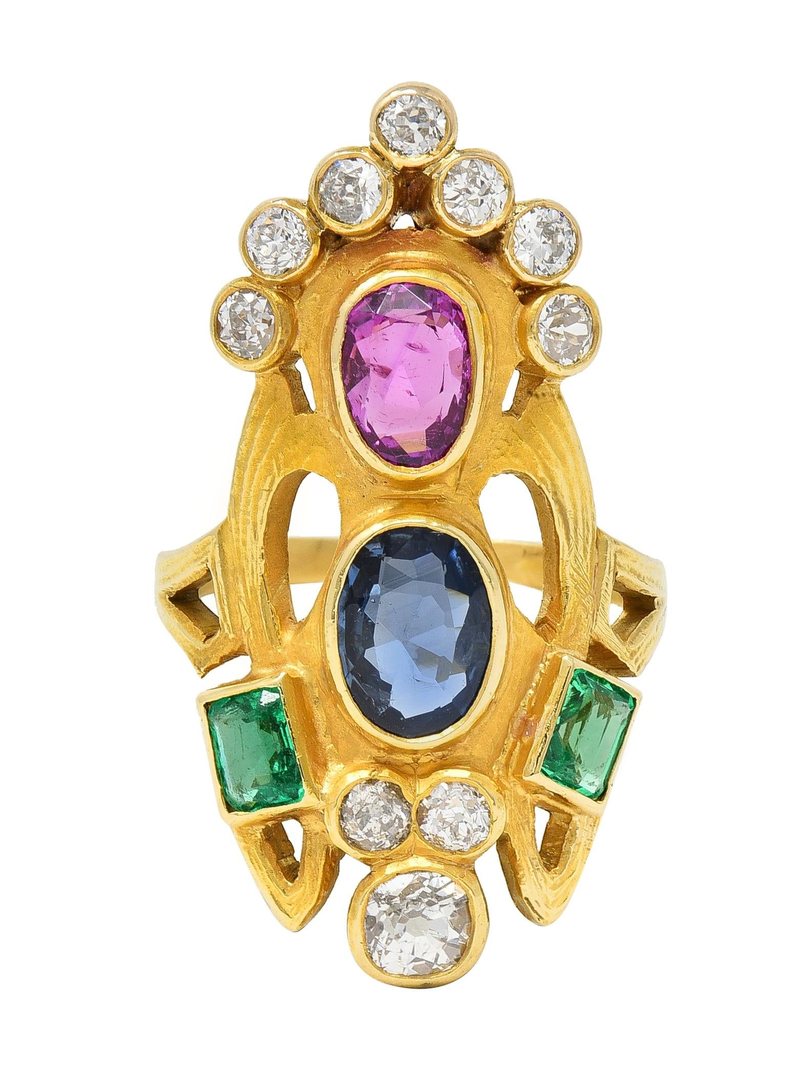 Arts & Crafts 3.73 CTW Ruby Emerald Sapphire Diamond 18 Karat Yellow Gold Ring