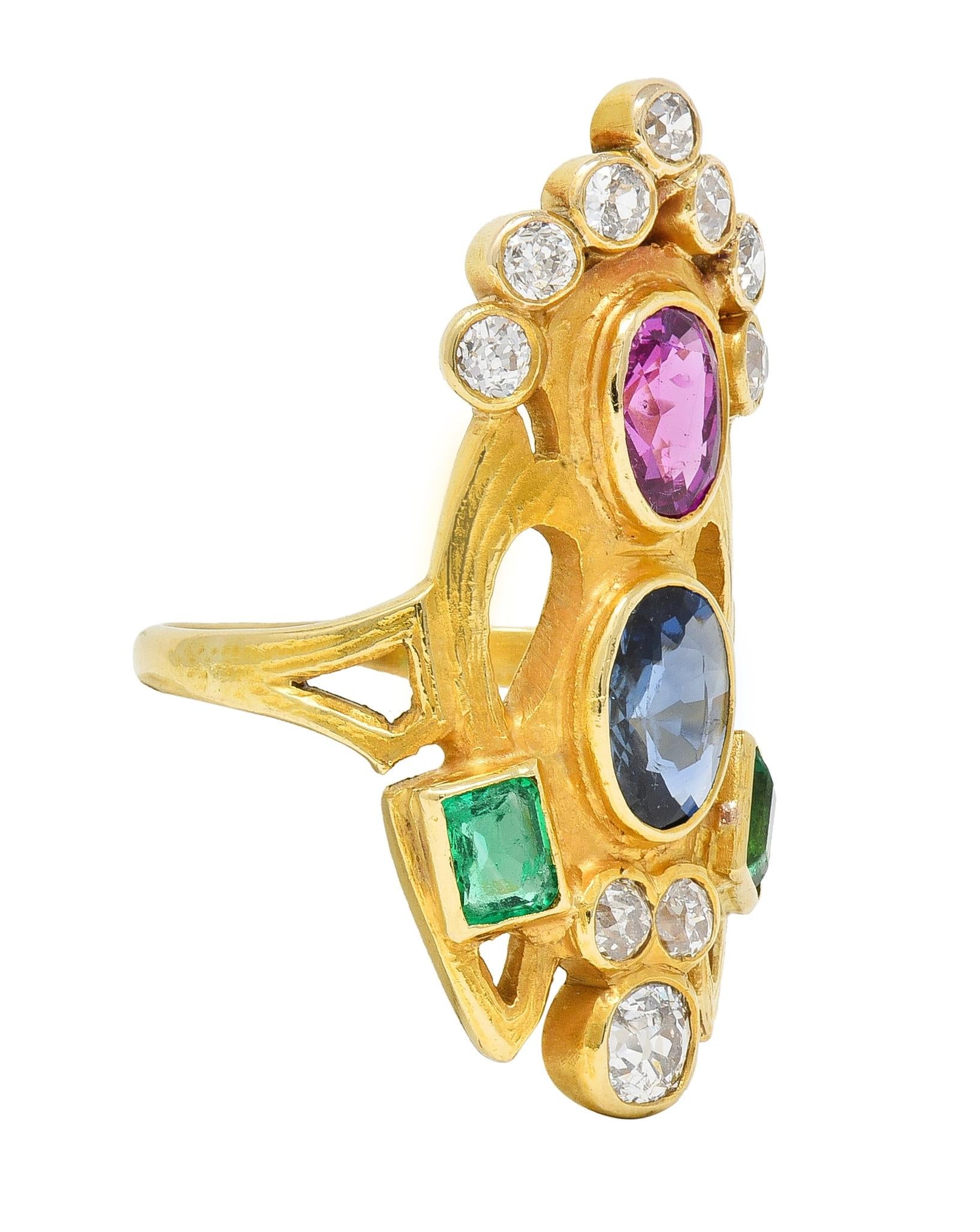 Arts & Crafts 3.73 CTW Ruby Emerald Sapphire Diamond 18 Karat Yellow Gold Ring