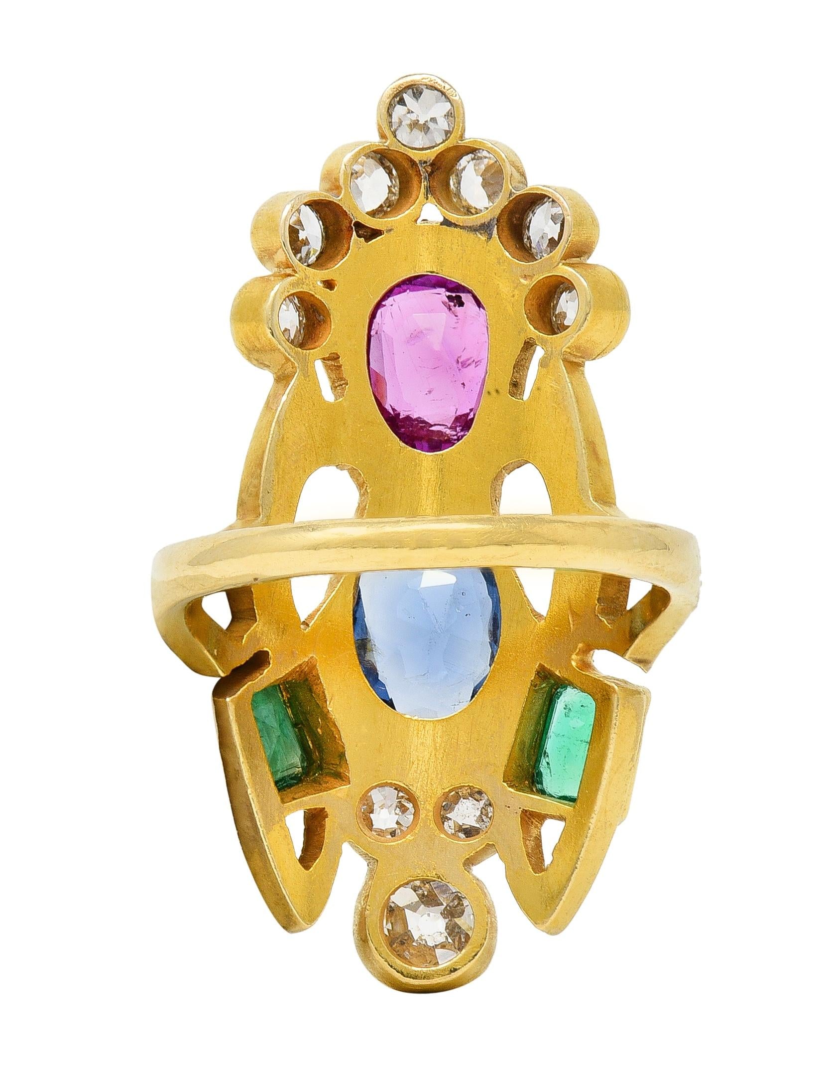 Arts & Crafts 3.73 CTW Ruby Emerald Sapphire Diamond 18 Karat Yellow Gold Ring