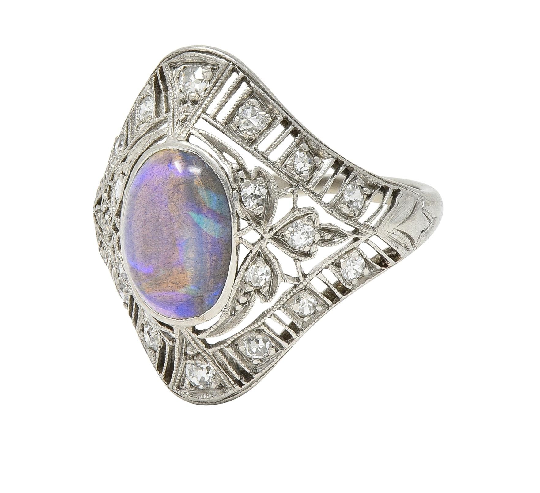 Art Deco Jelly Opal Cabochon Diamond Platinum Lotus Vintage Filigree Dinner Ring