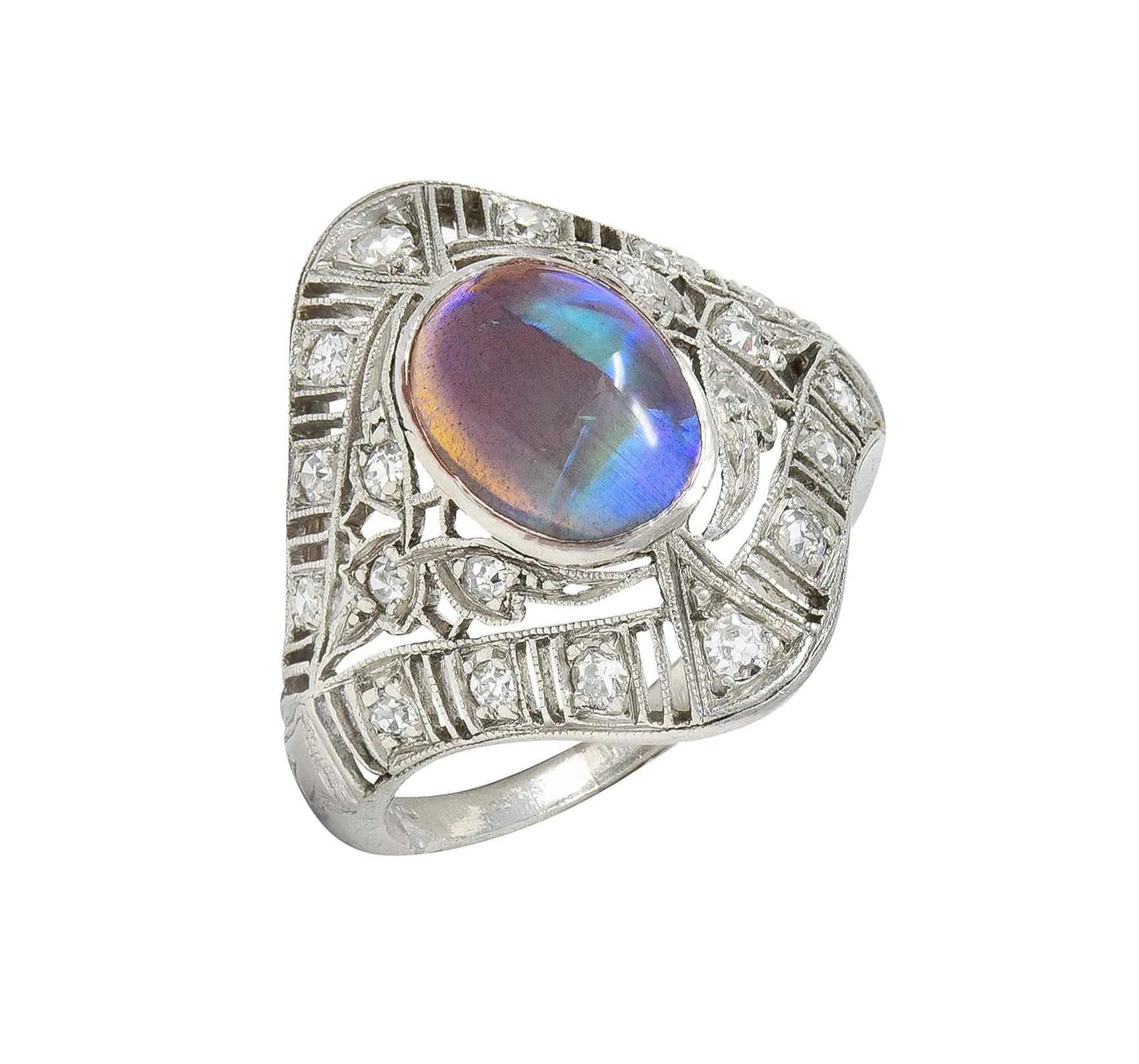 Art Deco Jelly Opal Cabochon Diamond Platinum Lotus Vintage Filigree Dinner Ring