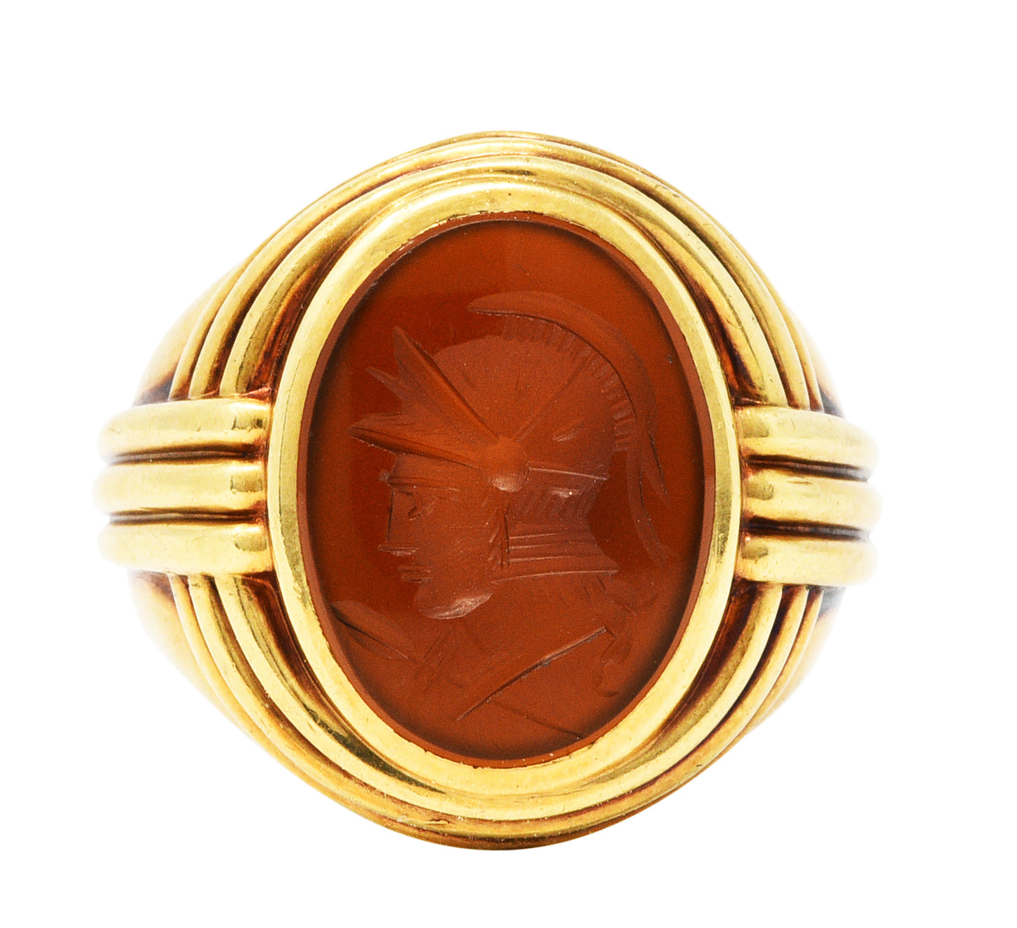 1939 Jones & Woodland Co. Sard Carnelian Intaglio 14 Karat Gold Warrior Signet RingRing - Wilson's Estate Jewelry