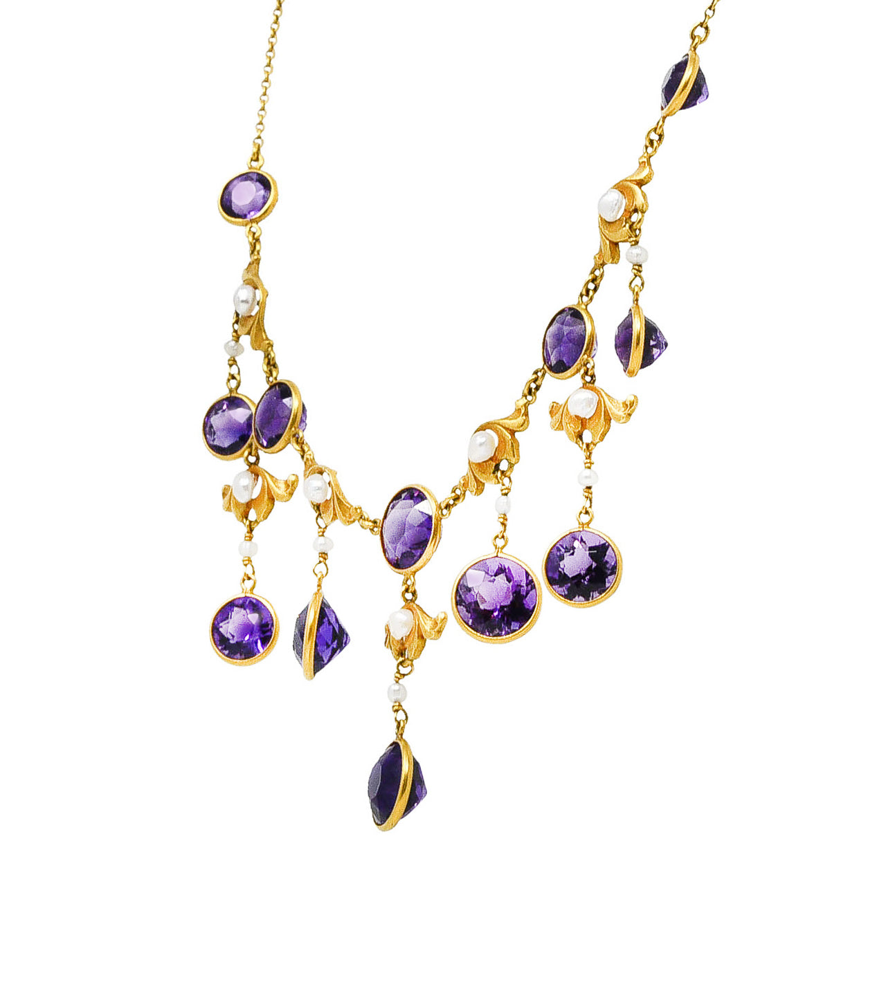 Art Nouveau Amethyst Pearl 14 Karat Gold Station Fringe Drop NecklaceNecklaces - Wilson's Estate Jewelry