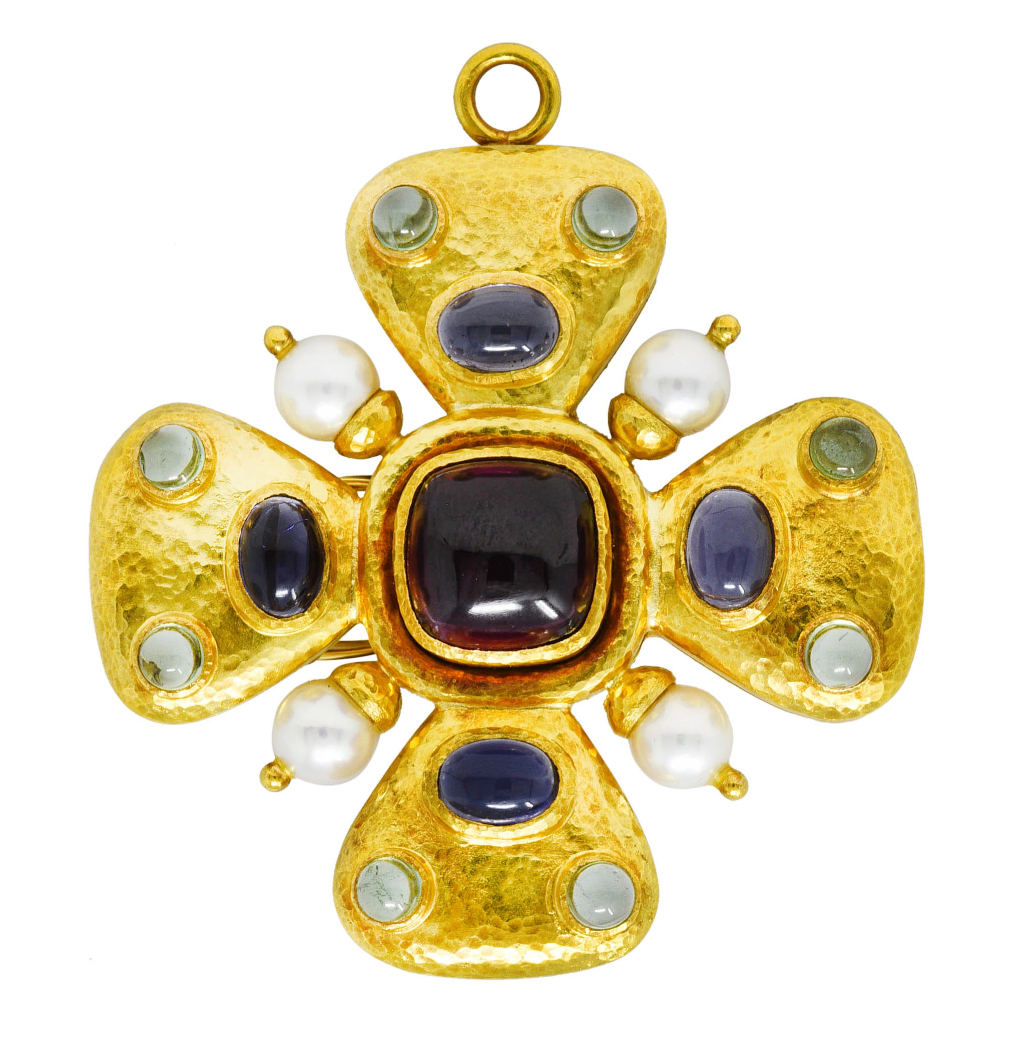 Elizabeth Locke Rhodolite Garnet Tourmaline Iolite 18 Karat Yellow Gold Maltese Cross Pendant Brooch Wilson's Estate Jewelry