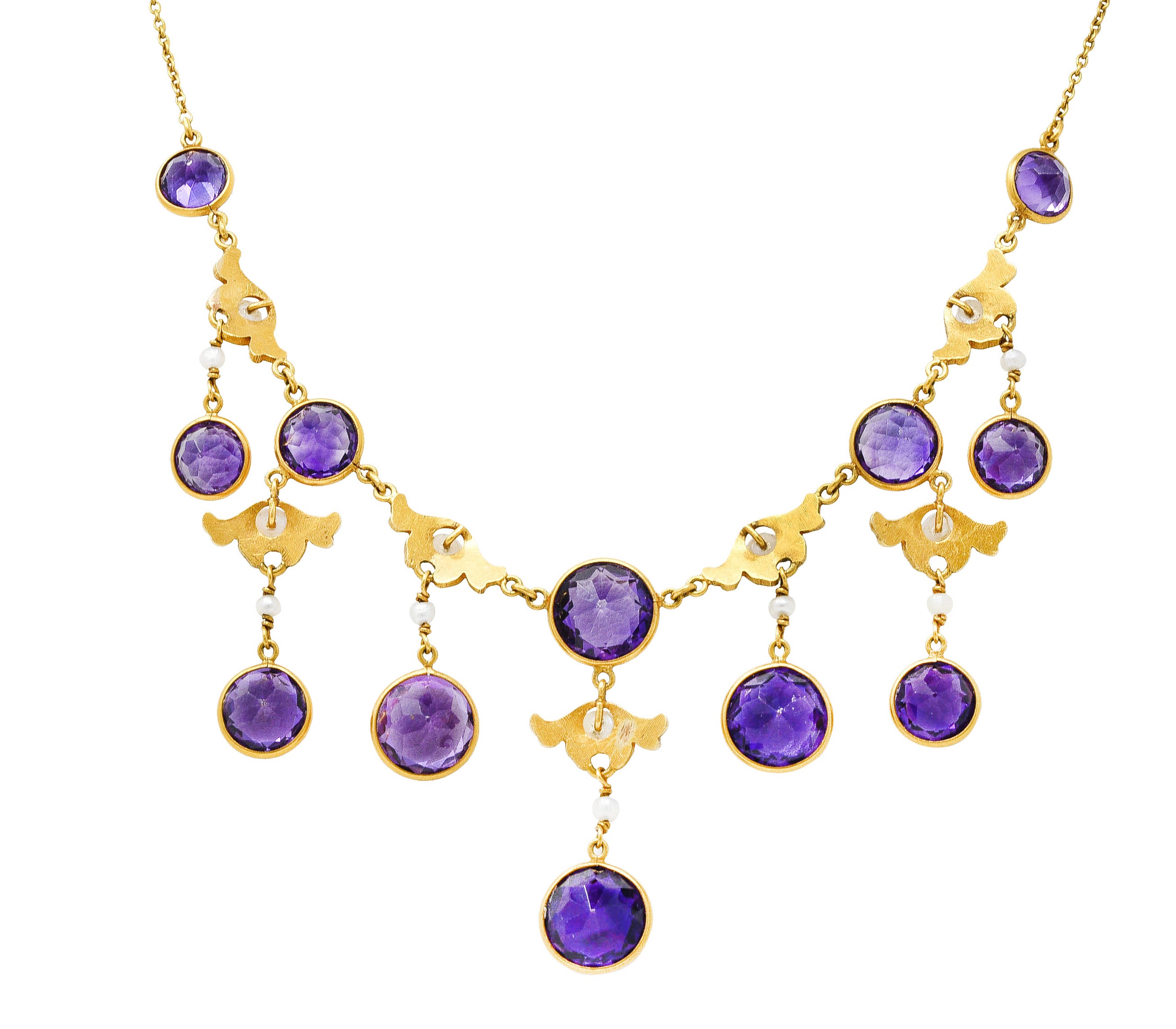 Art Nouveau Amethyst Pearl 14 Karat Gold Station Fringe Drop NecklaceNecklaces - Wilson's Estate Jewelry