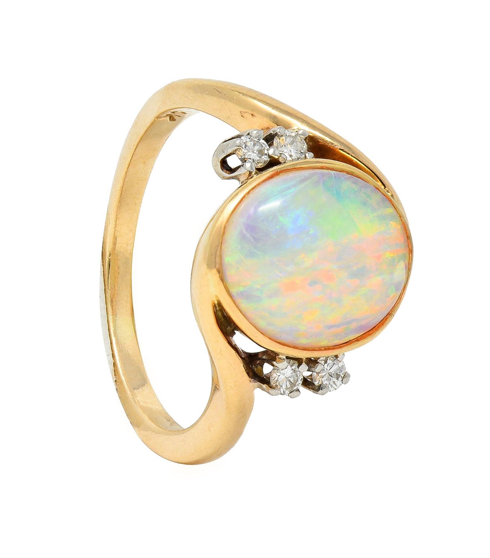 Vintage Opal Cabochon Diamond Platinum 14 Karat Yellow Gold Bypass Ring