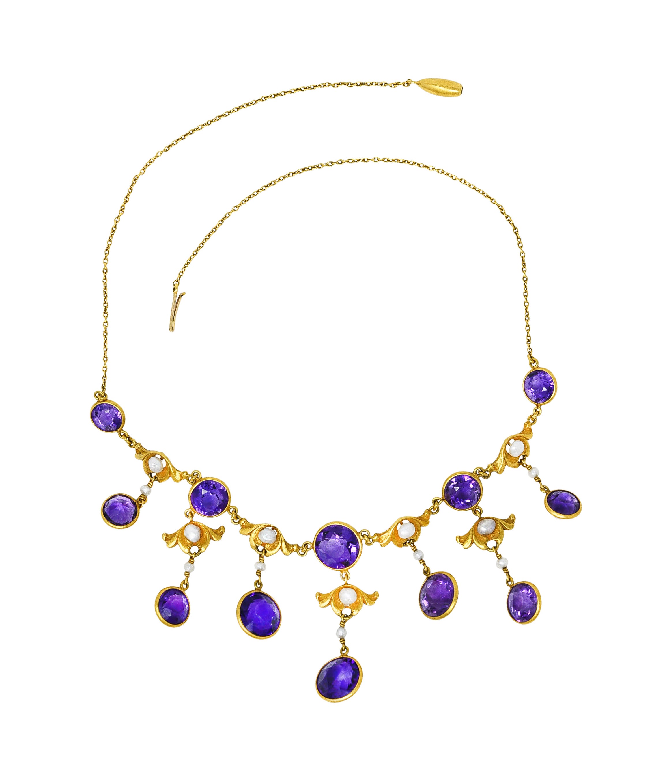 Art Nouveau Amethyst Pearl 14 Karat Gold Station Fringe Drop NecklaceNecklaces - Wilson's Estate Jewelry