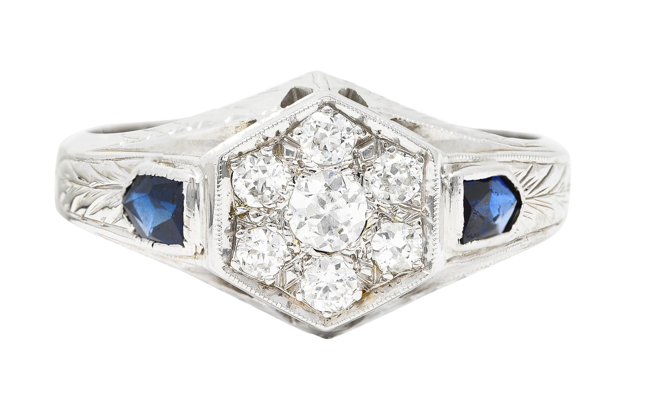 Art Deco 0.45 CTW Old European Sapphire 20 Karat White Gold Foliate Cluster Unisex Signet Ring Wilson's Estate Jewelry