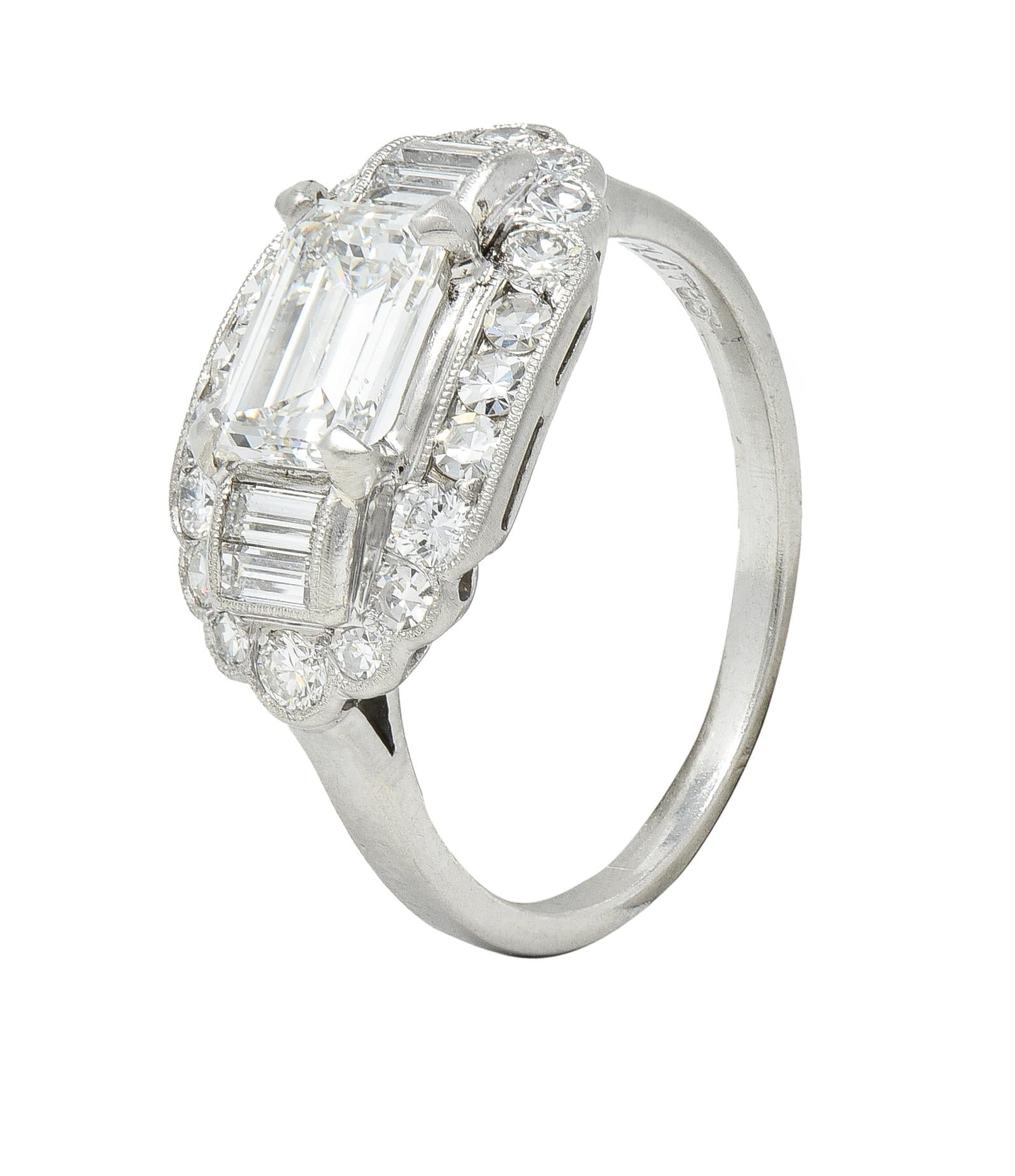 Mid-Century 1.85 CTW Emerald Cut Diamond Platinum Halo Vintage Dinner Ring GIA