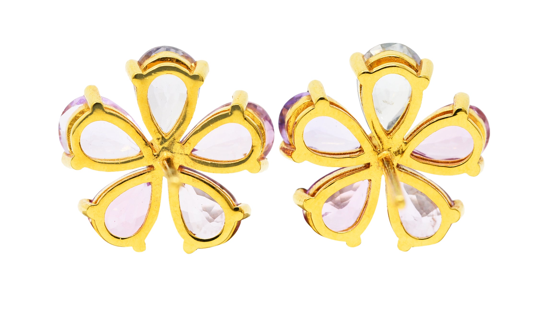 Modern 3.84 CTW Diamond Pear Cut Sapphires 18 Karat Yellow Gold Pastel Flower Cluster Stud Earrings Wilson's Estate Jewelry