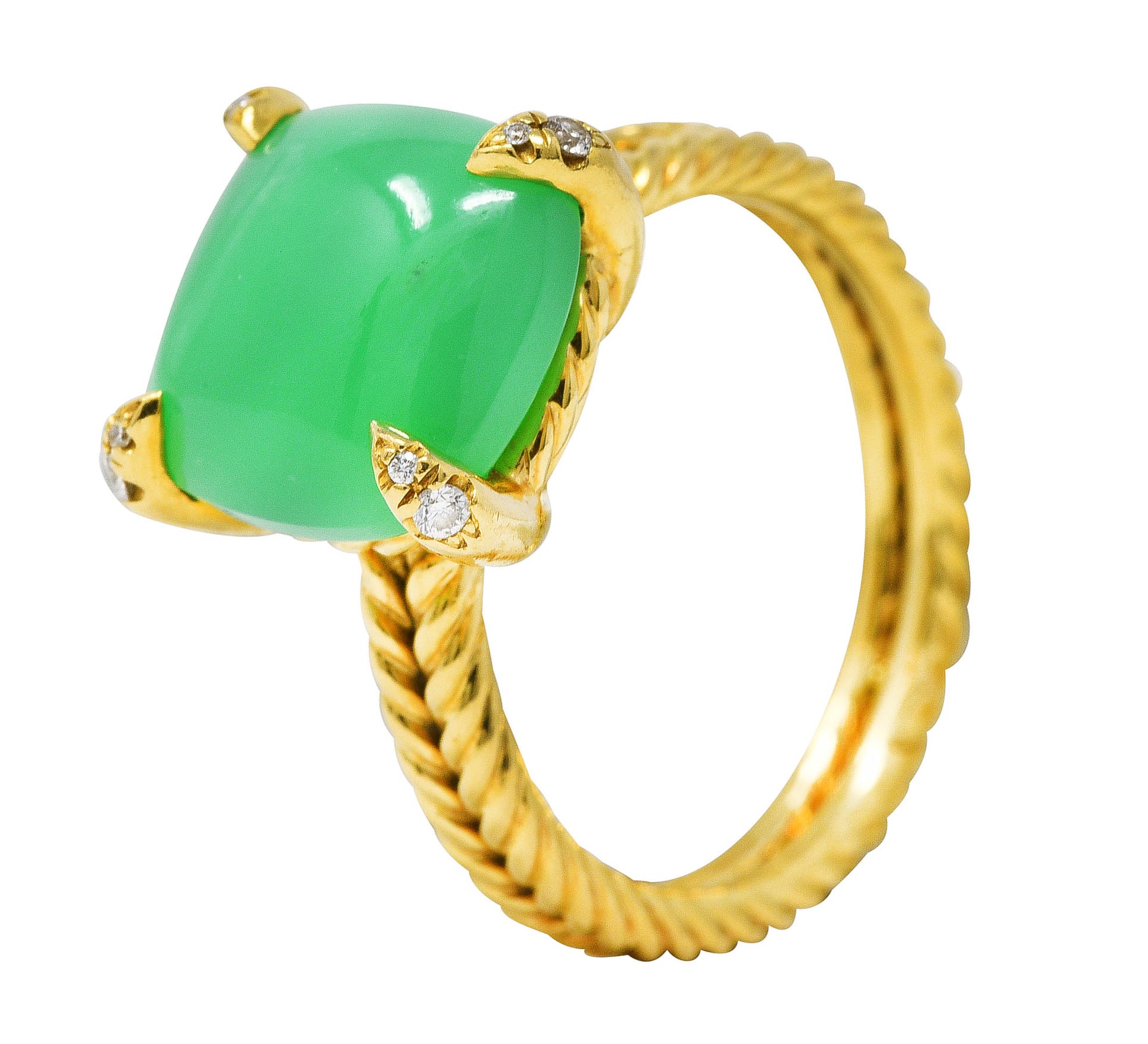 David Yurman Chrysoprase Cabochon Diamond 18 Karat Yellow Gold Chatelaine Gemstone Ring Wilson's Estate Jewelry