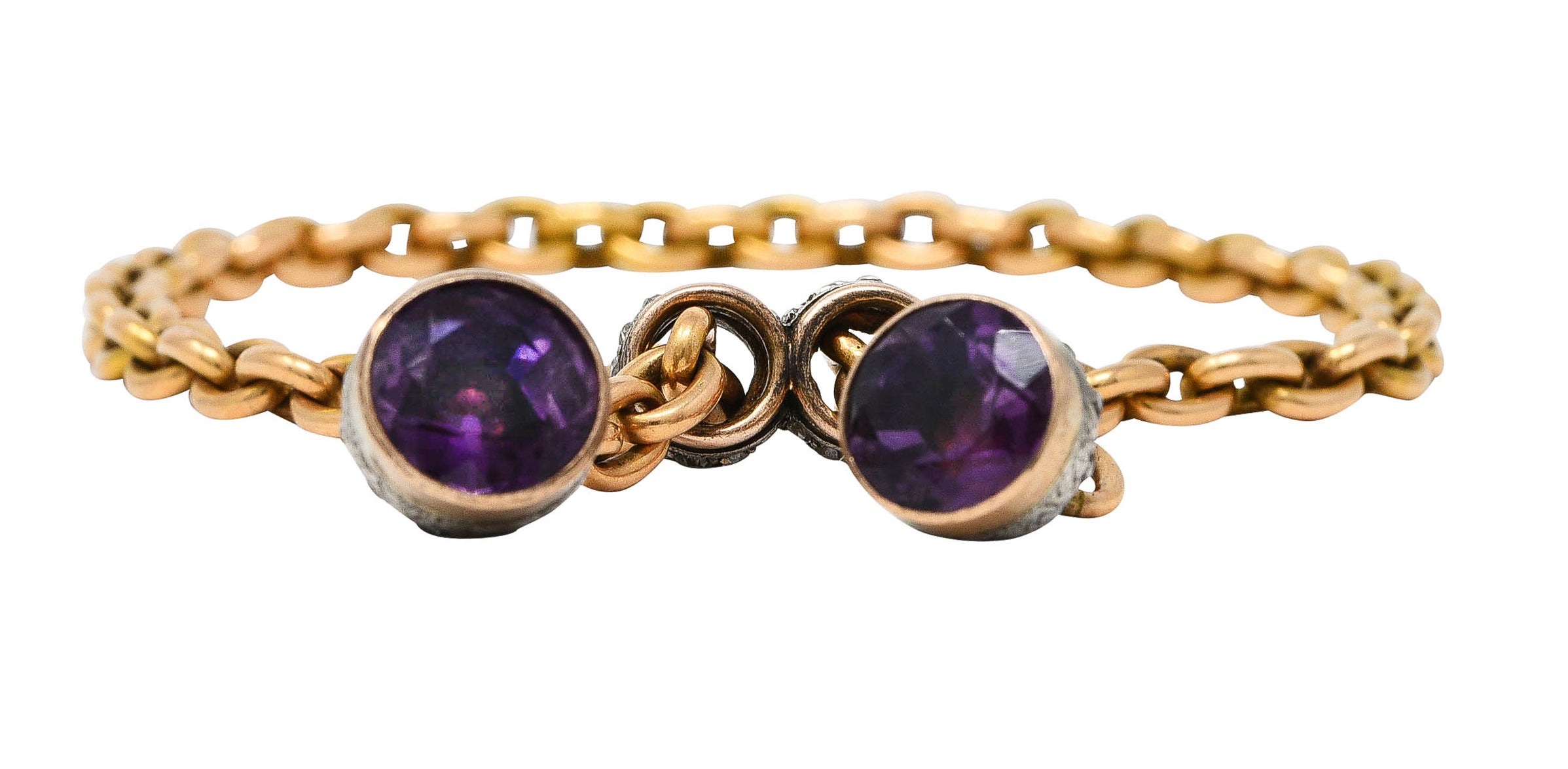 French Georgian Amethyst Diamond Silver-Topped 18 Karat Yellow Gold Slide Lariat Antique Chain Bracelet Wilson's Estate Jewelry